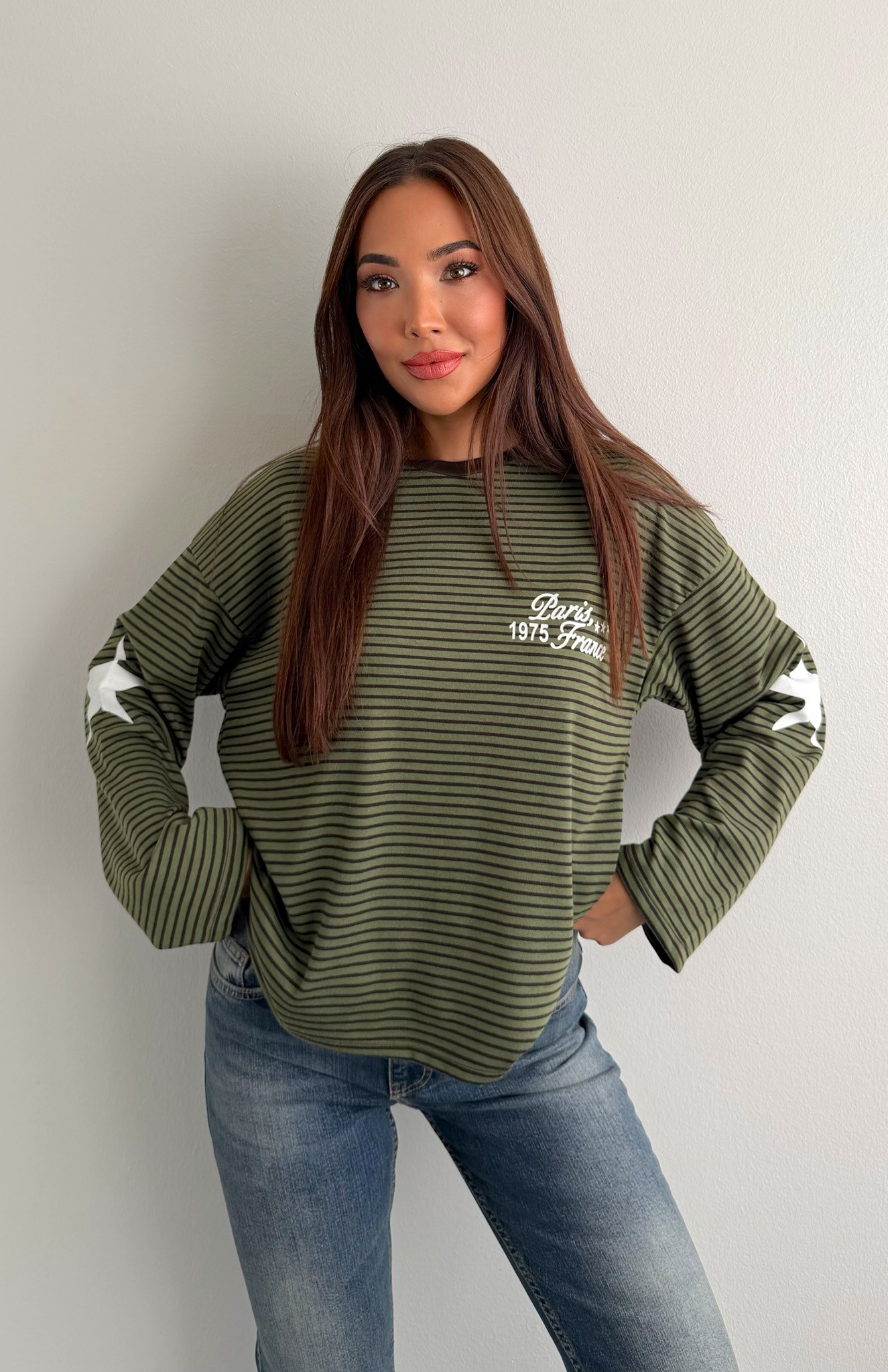 Çizgili Yazılı Sweatshırt HAKİ