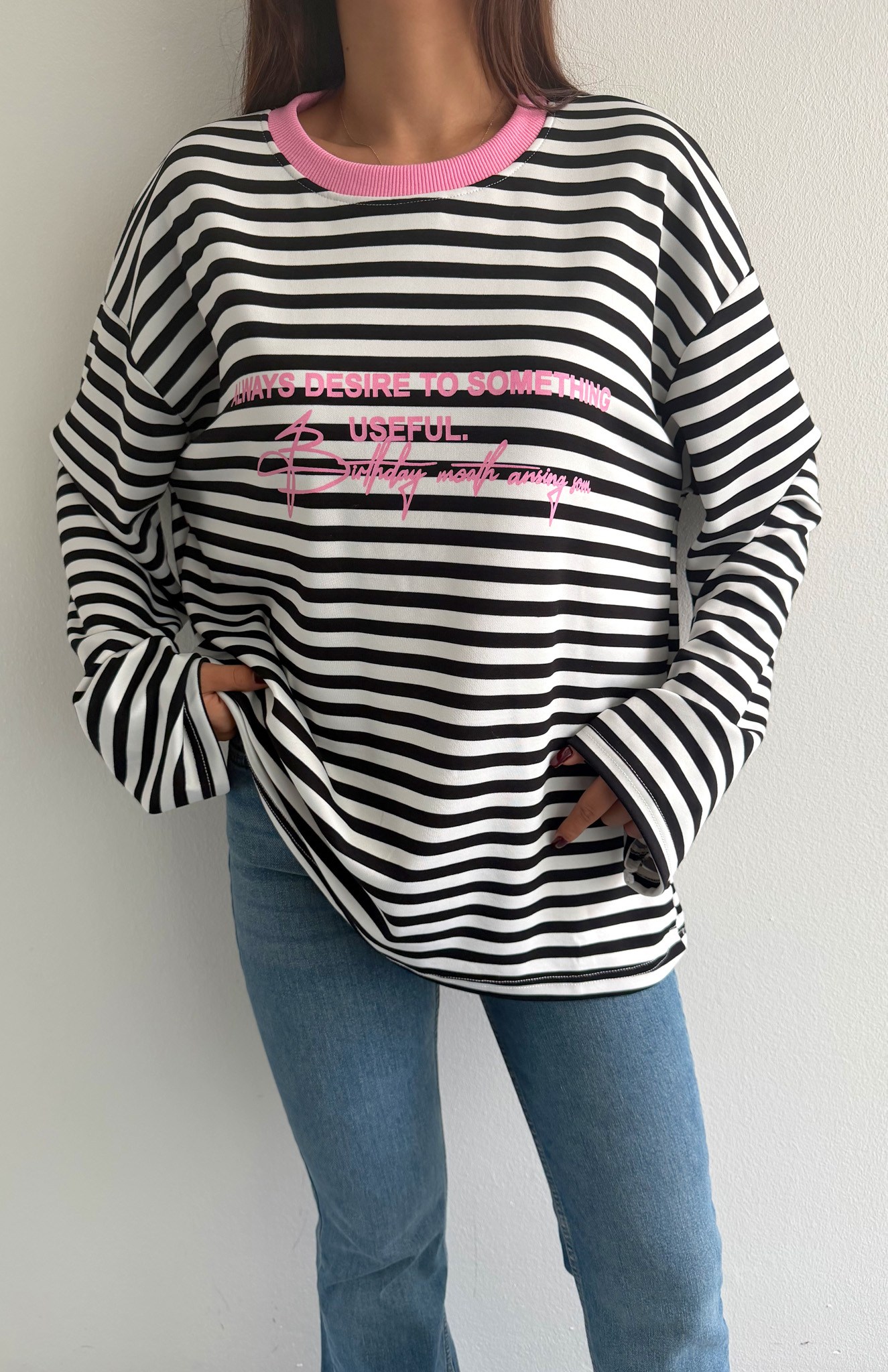 Çizgili Yazılı Sweatshırt PEMBE