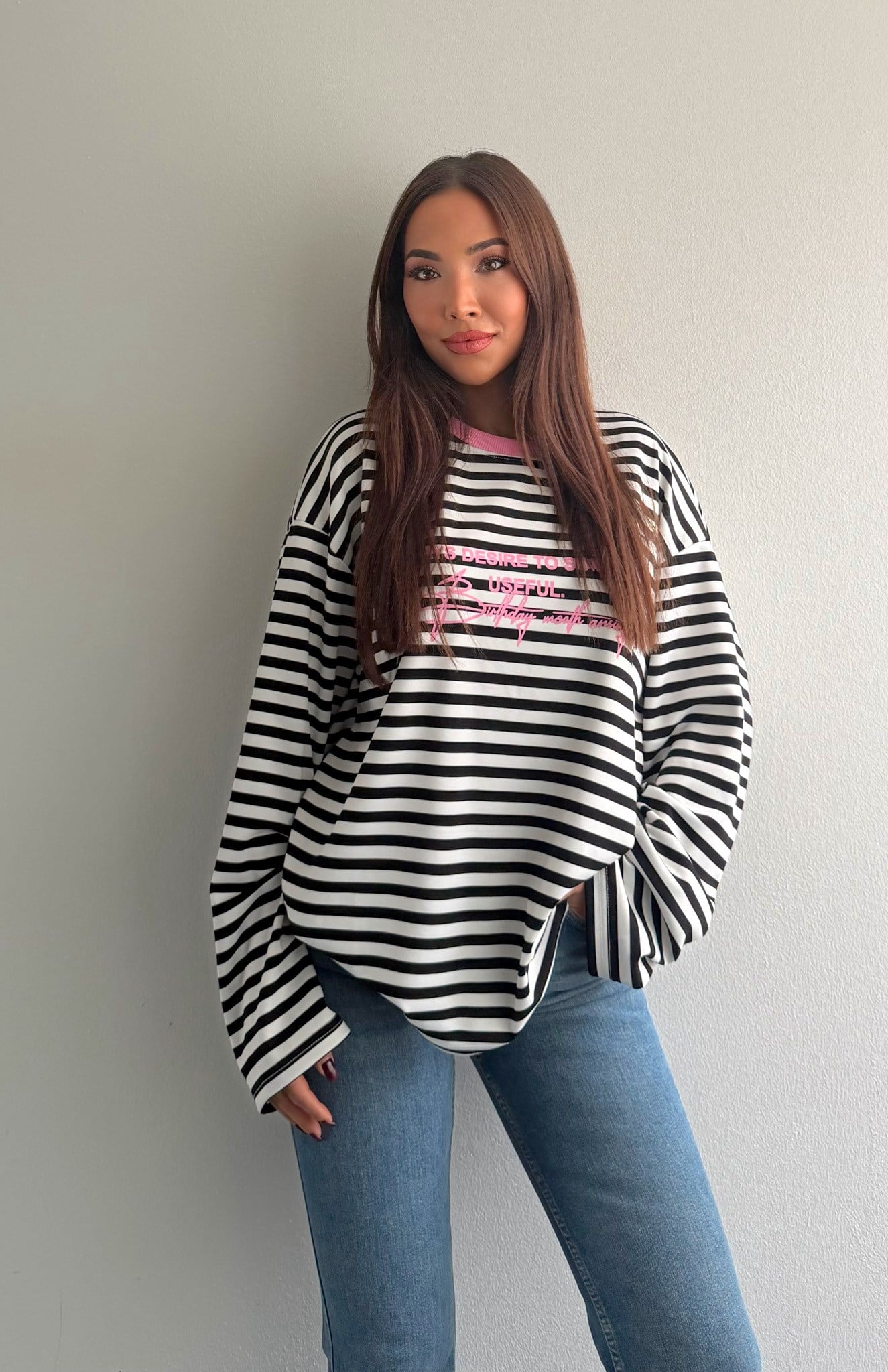 Çizgili Yazılı Sweatshırt PEMBE