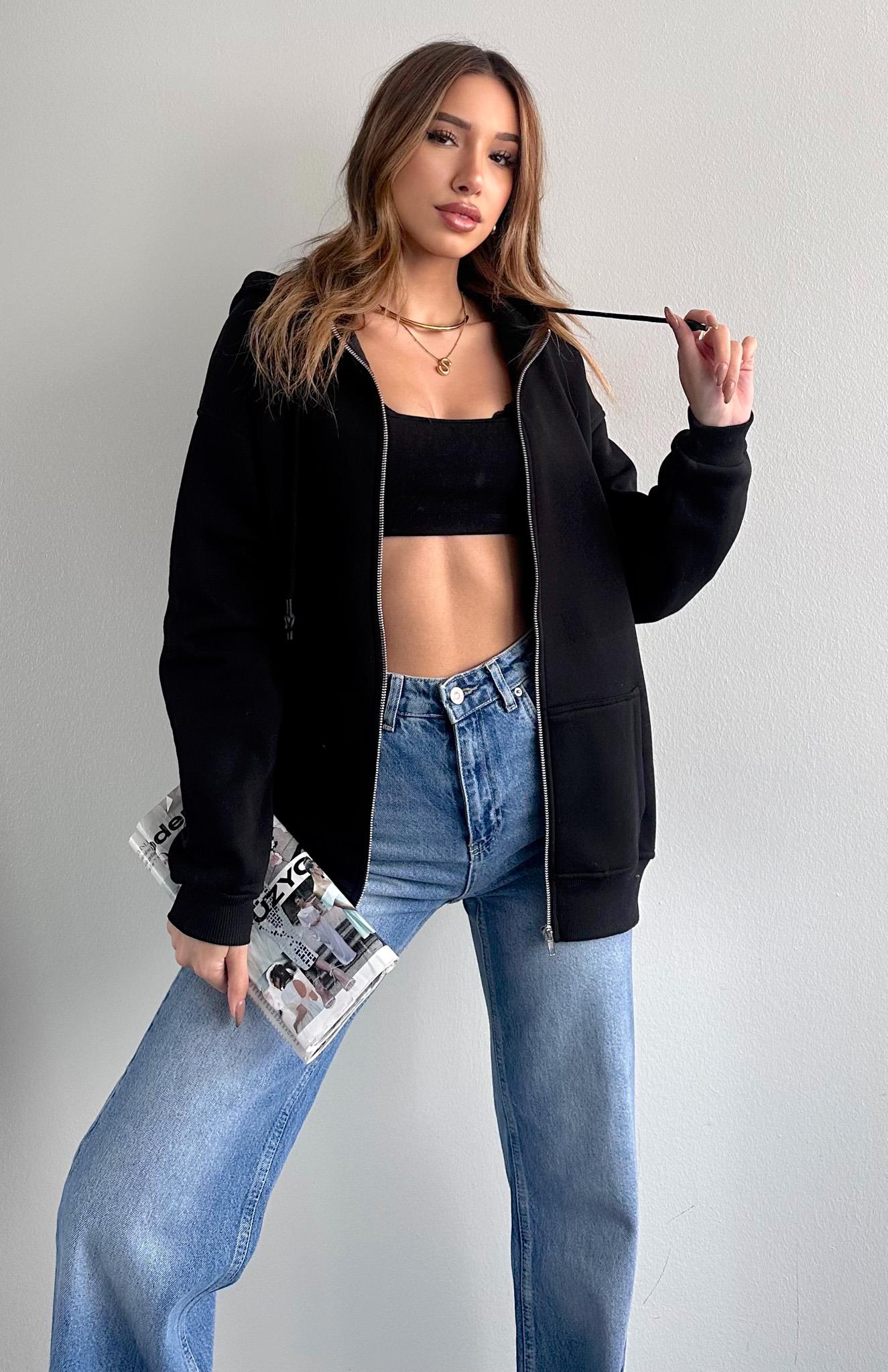 Fermuarkı Kanguru Cepli Kapşonlu Sweatshırt SİYAH