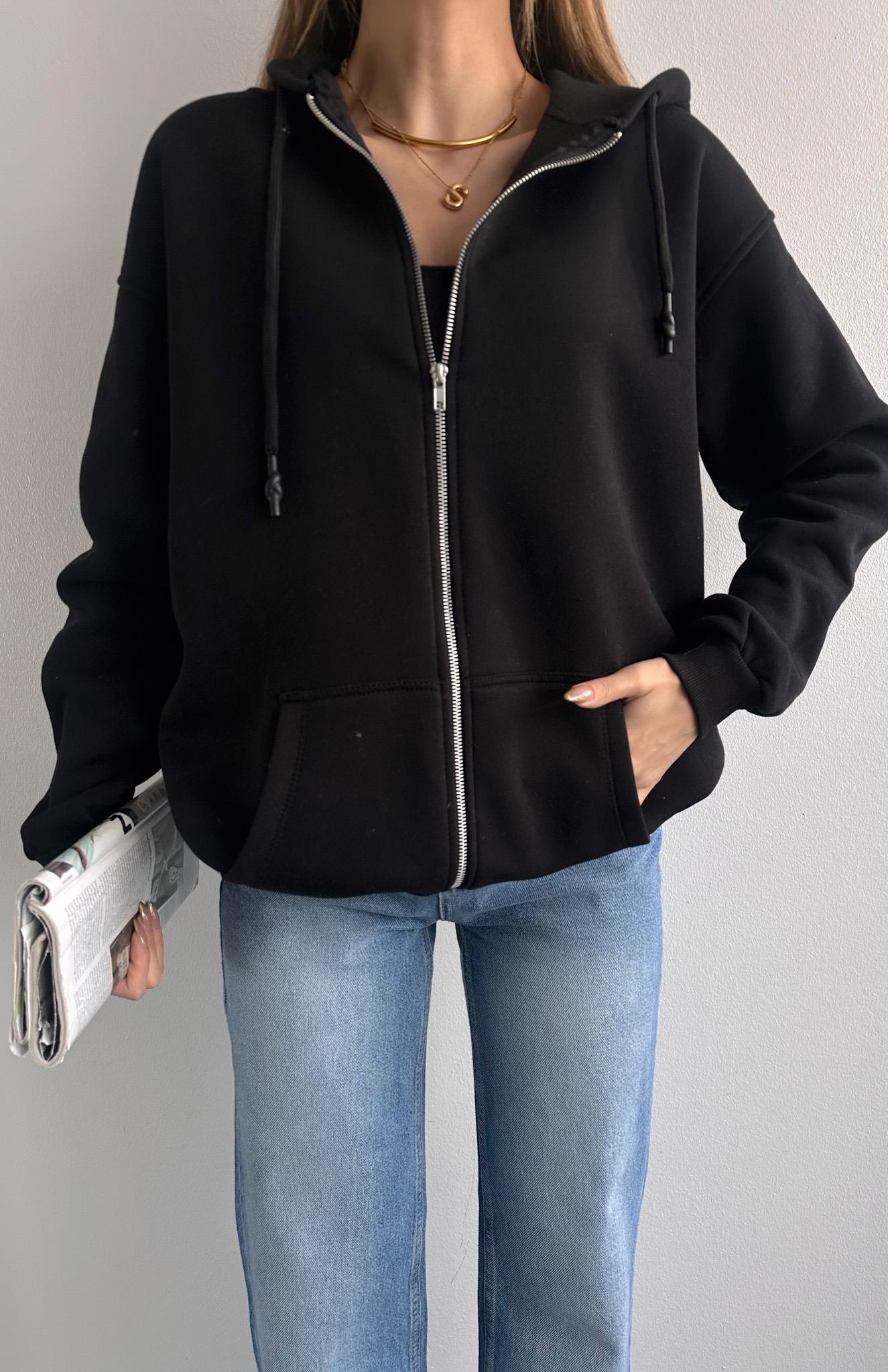 Fermuarkı Kanguru Cepli Kapşonlu Sweatshırt SİYAH