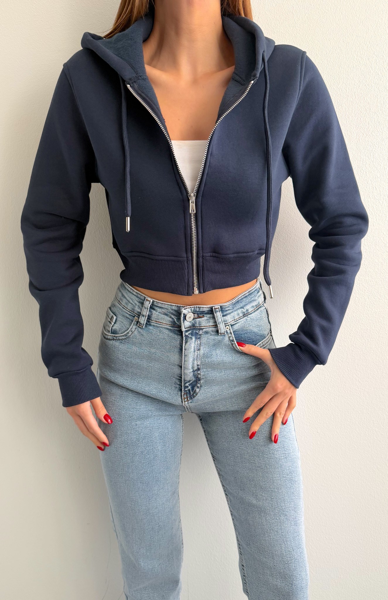 Fermuarlı Crop Sweatshırt LACİVERT