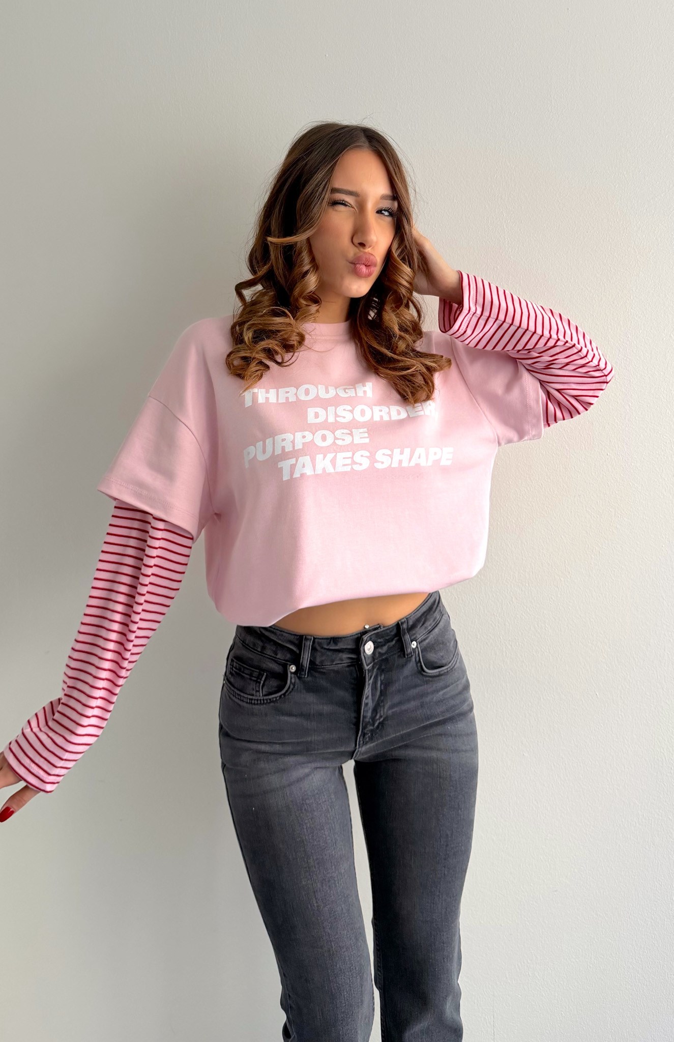 Kol Çizgili Bluz PEMBE
