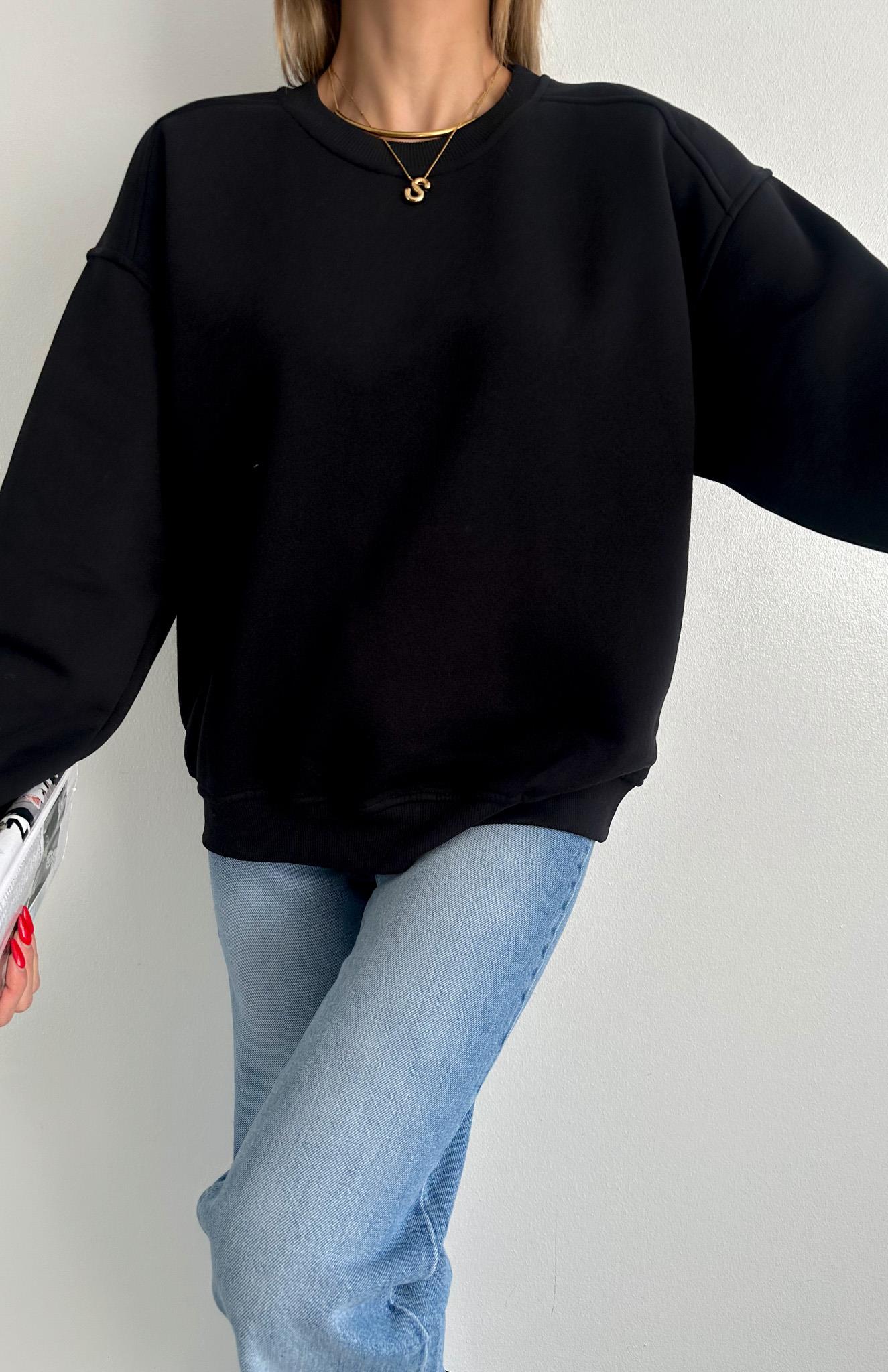 Omuzu Robalı 3 İplik Sweatshırt SİYAH