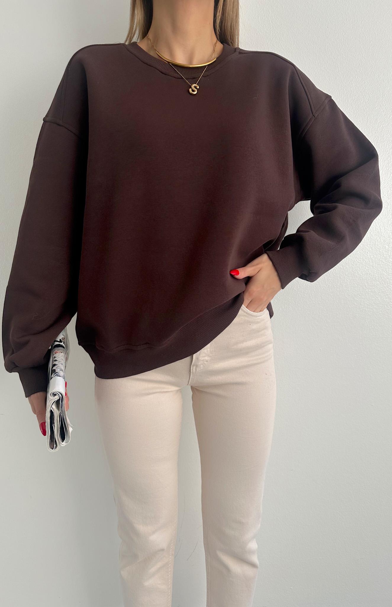 Omuzu Robalı 3 İplik Sweatshırt KAHVERENGİ