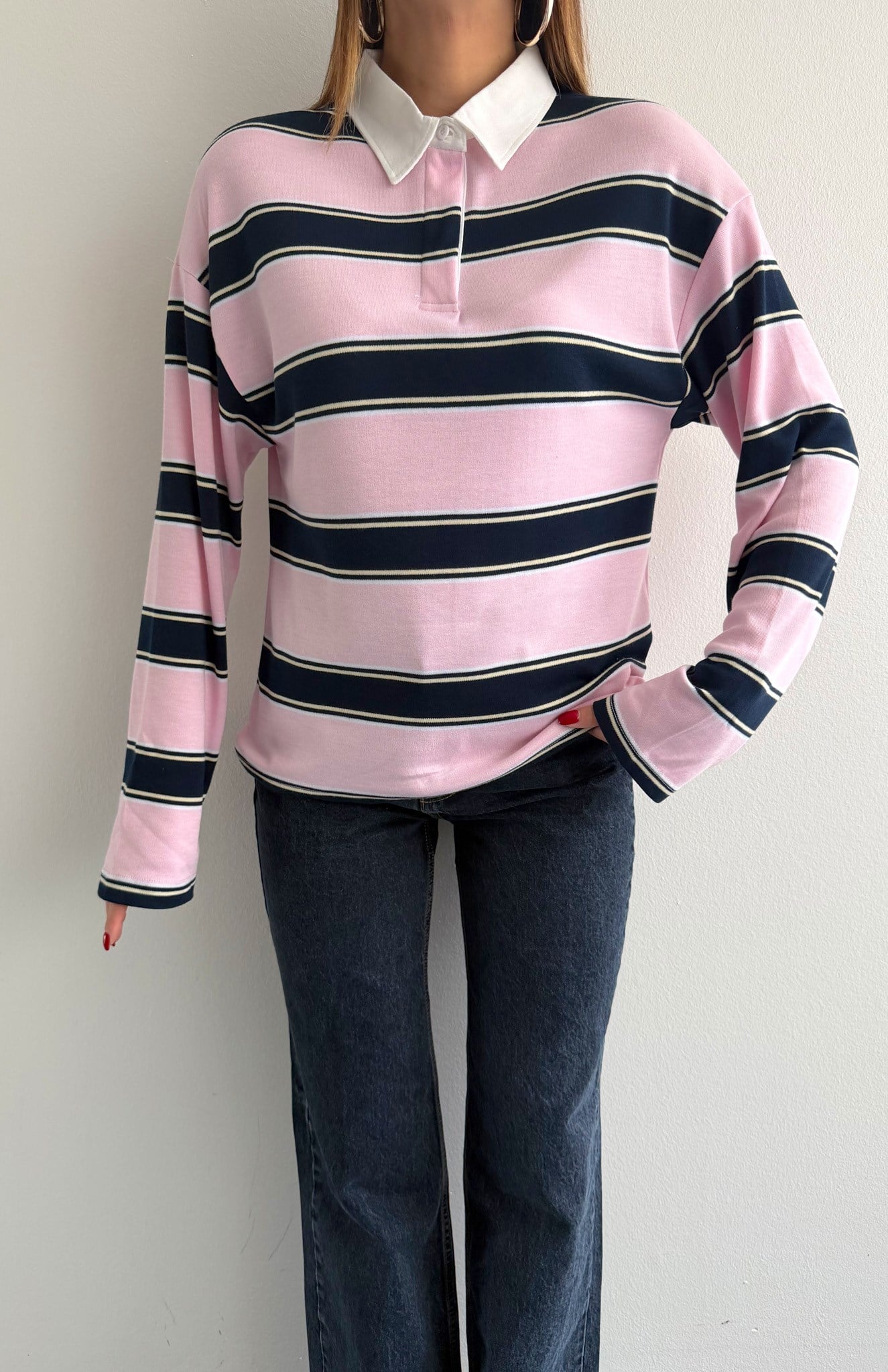 Polo Yaka Çizgili Sweatshırt LACİVERT