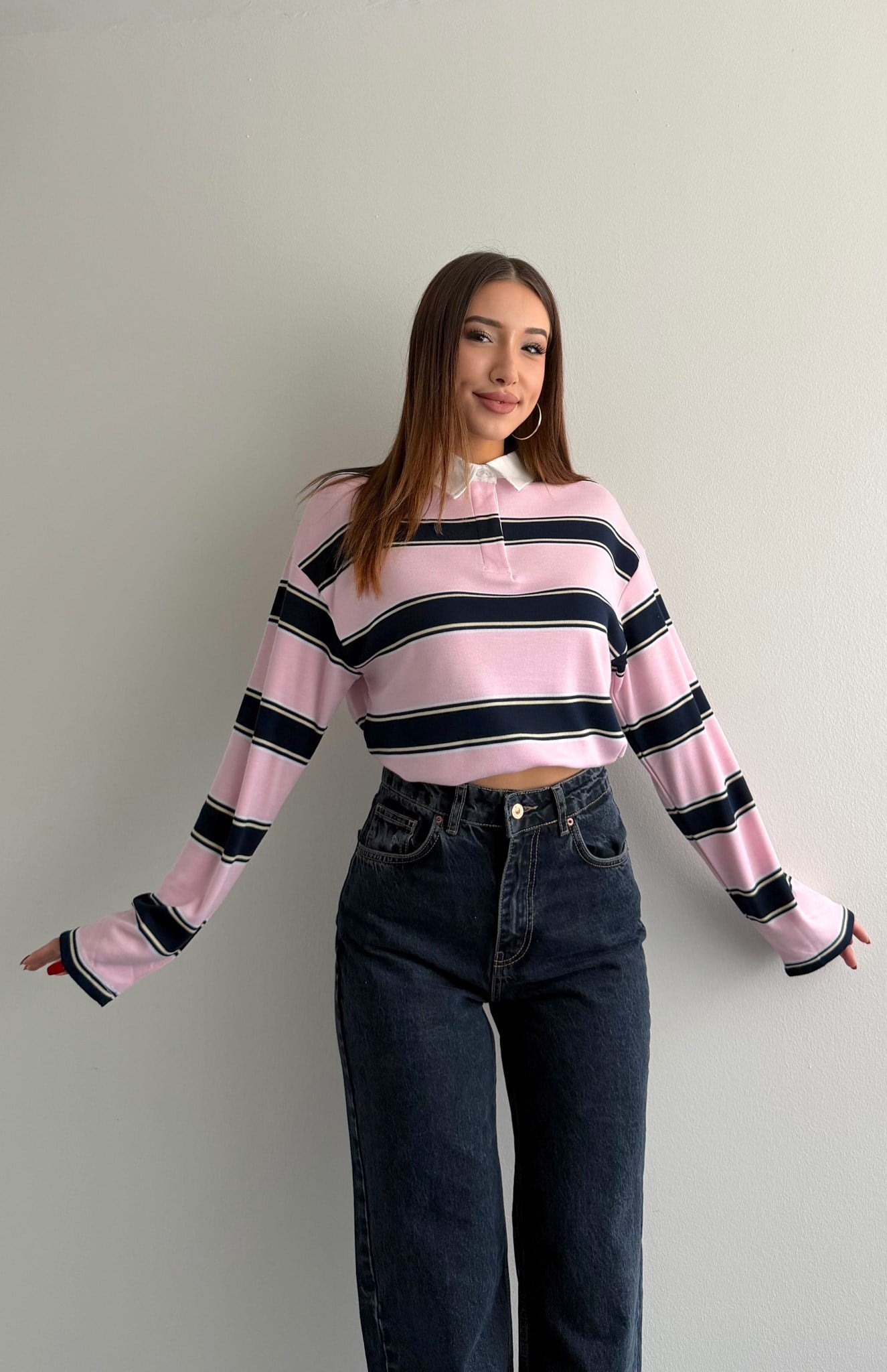 Polo Yaka Çizgili Sweatshırt LACİVERT