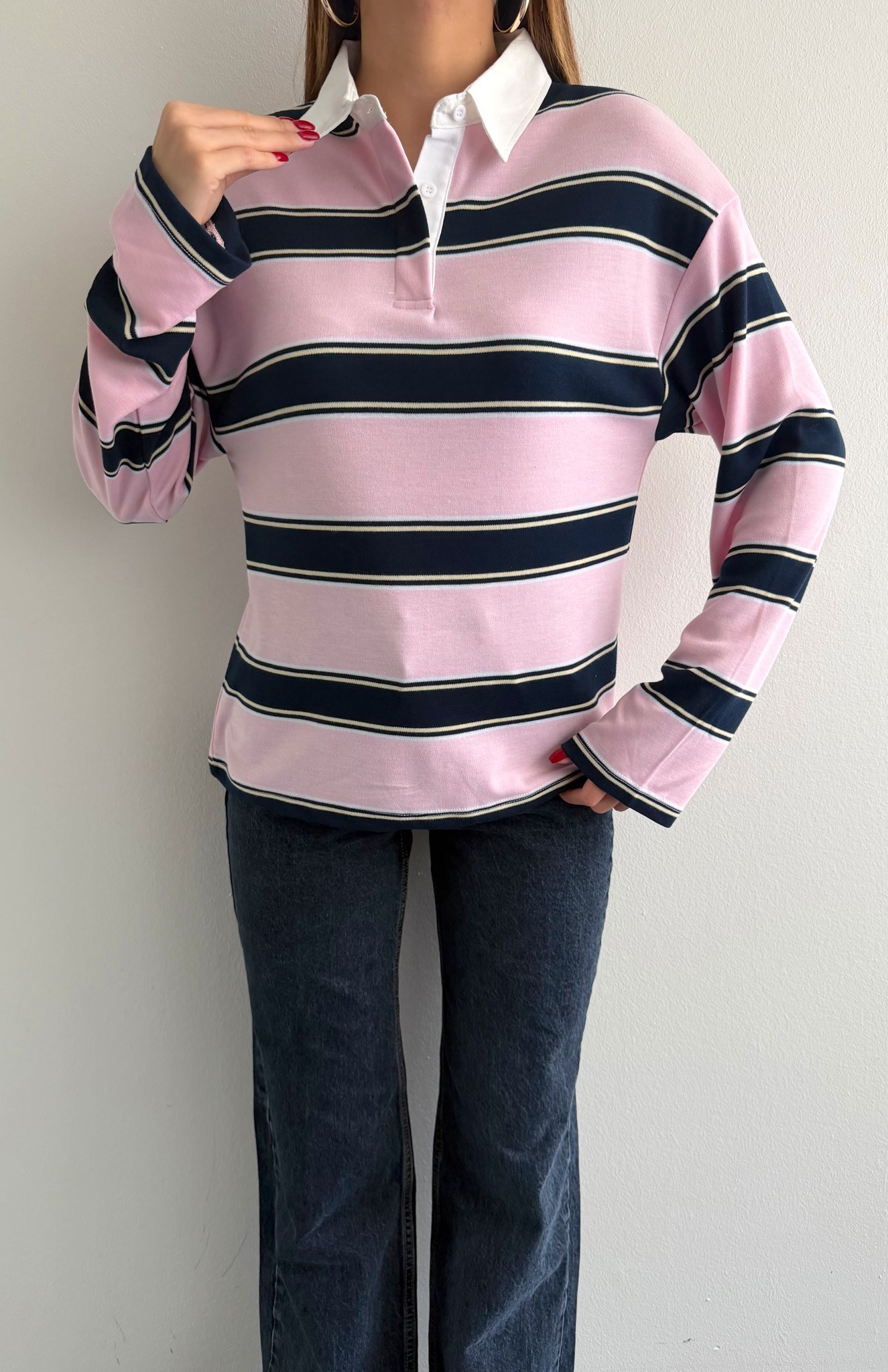 Polo Yaka Çizgili Sweatshırt LACİVERT