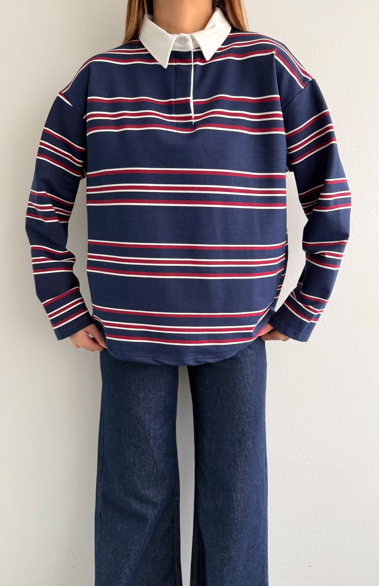 Polo Yaka Çizgili Sweatshırt LACİVERT