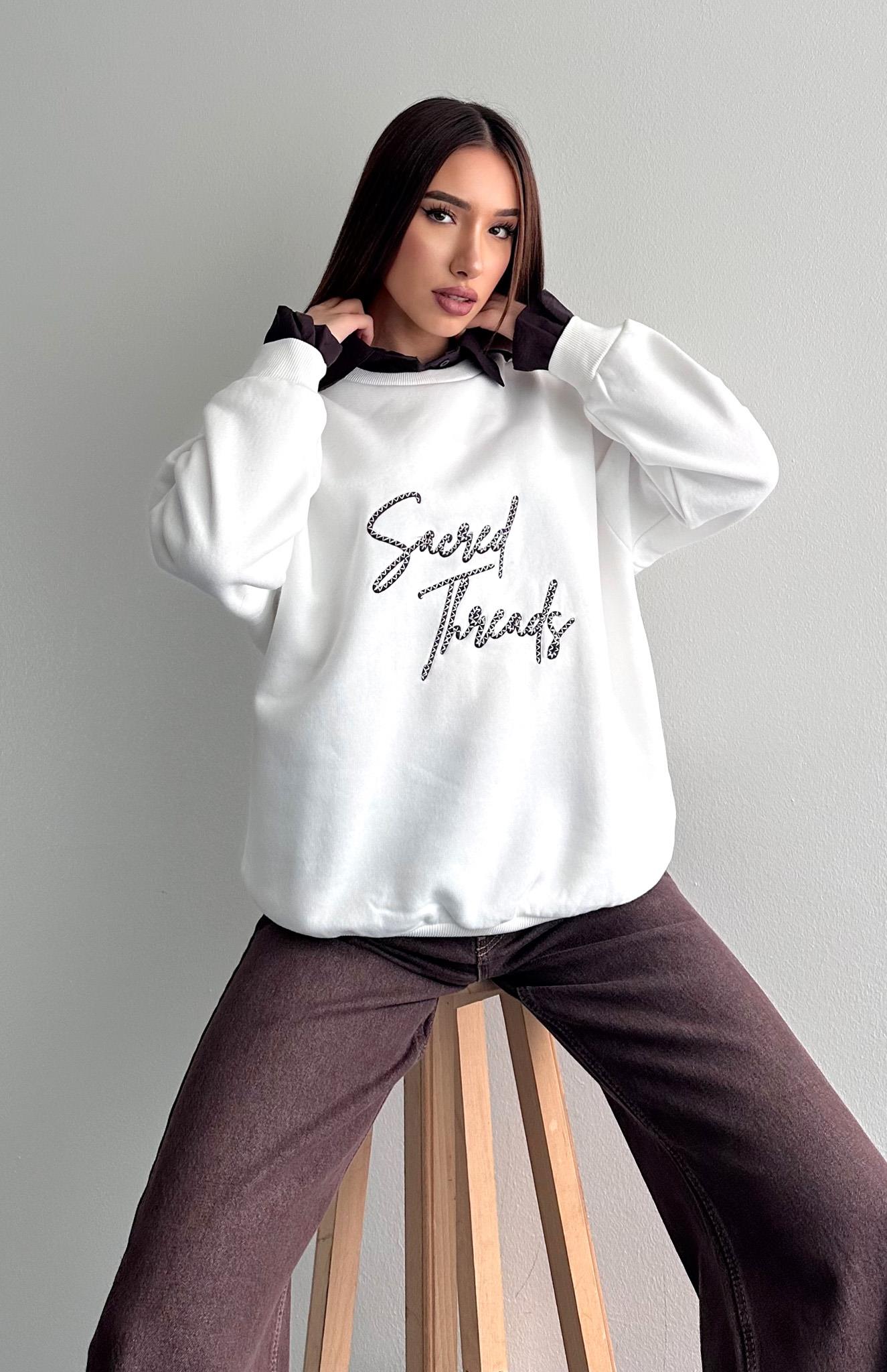 Sacred Nakişlı Gömlek Detaylı Sweatshırt EKRU