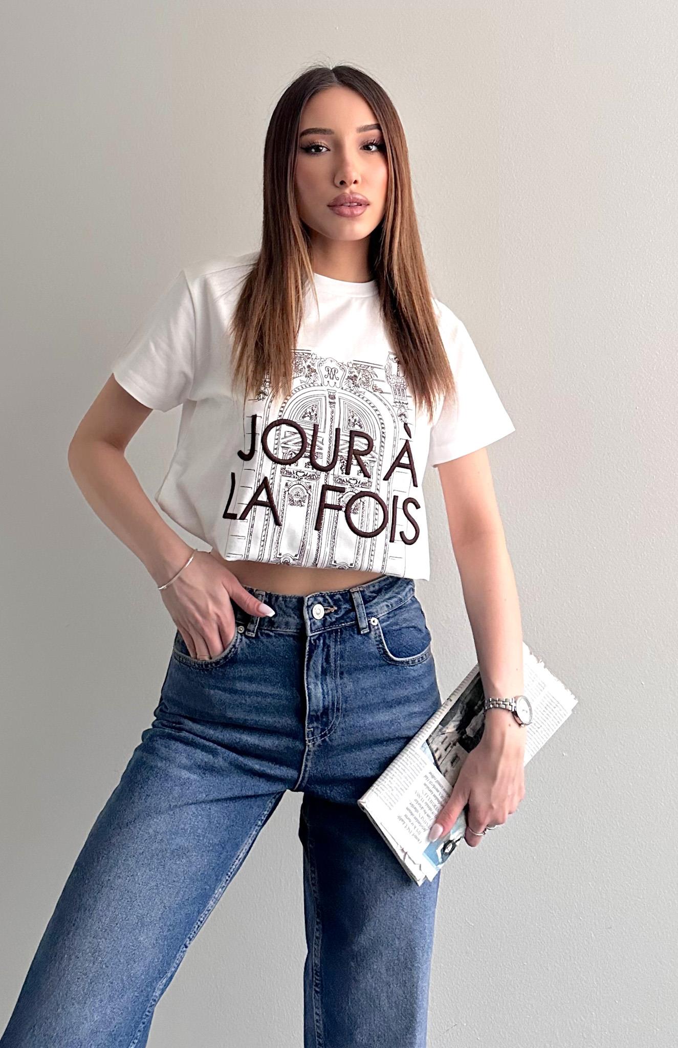 Baskı Ve Nakiş Detaylı Tshırt Ekru-Kahve