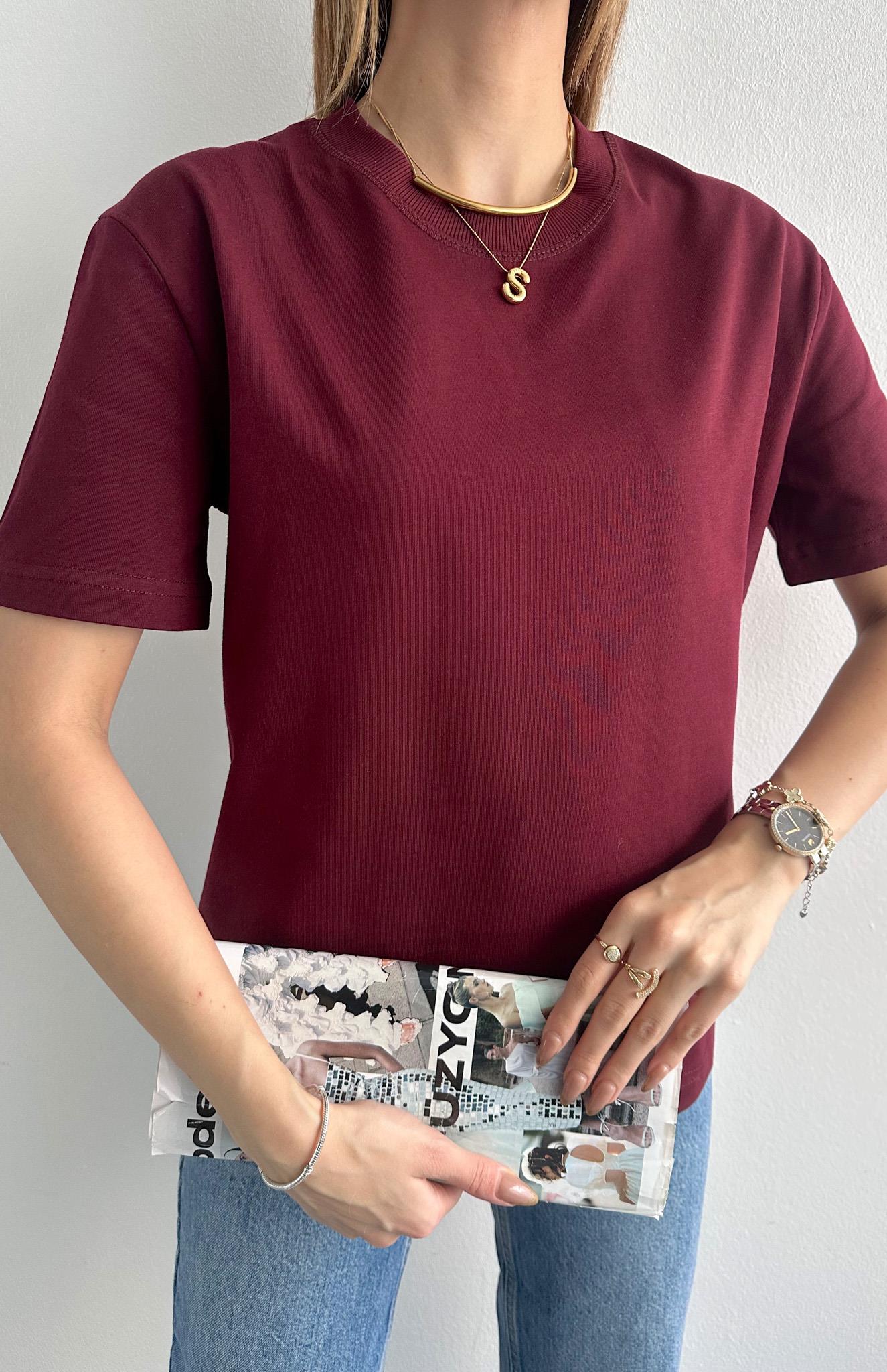 Dekoratif Dikişli Bisiklet Yaka Tshırt BORDO