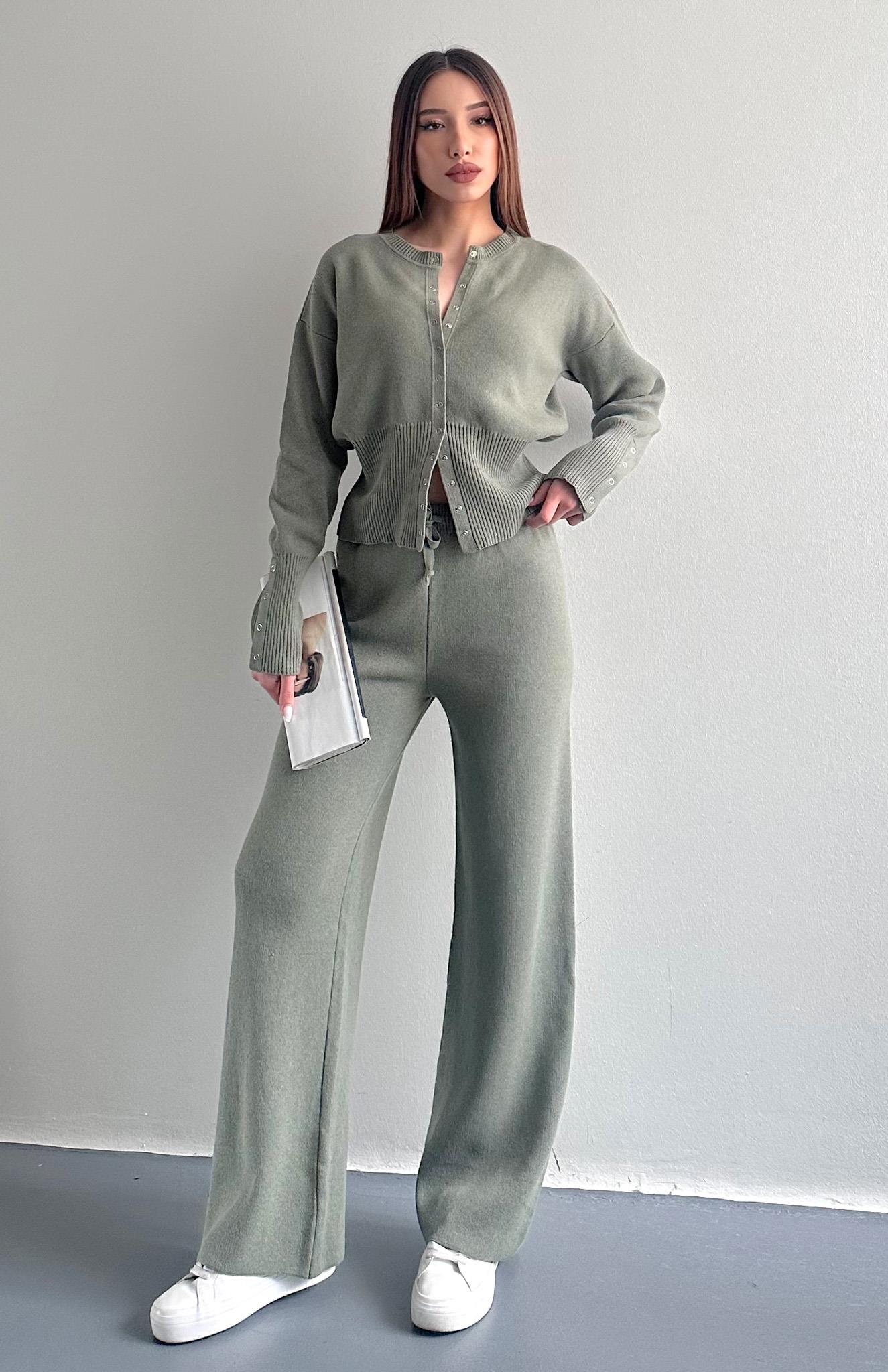 Çıtçıtlı Slim Kesim Pantolonlu Triko Takım HAKİ