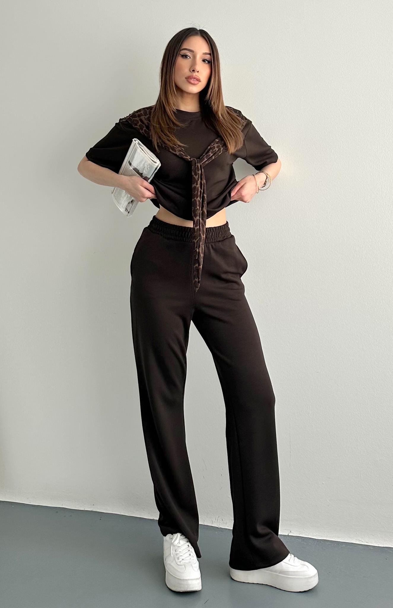 Leopar Detaylı Pantolonlu Takım KAHVERENGİ