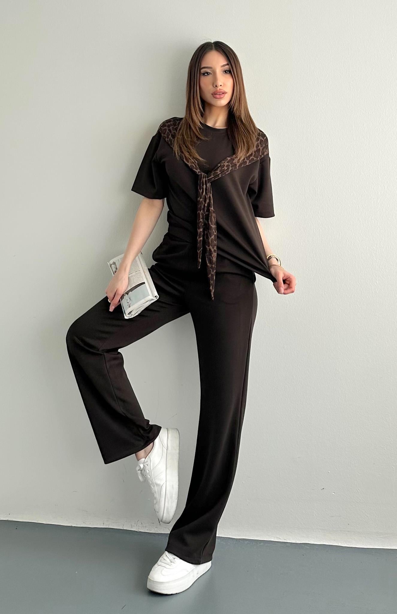 Leopar Detaylı Pantolonlu Takım KAHVERENGİ