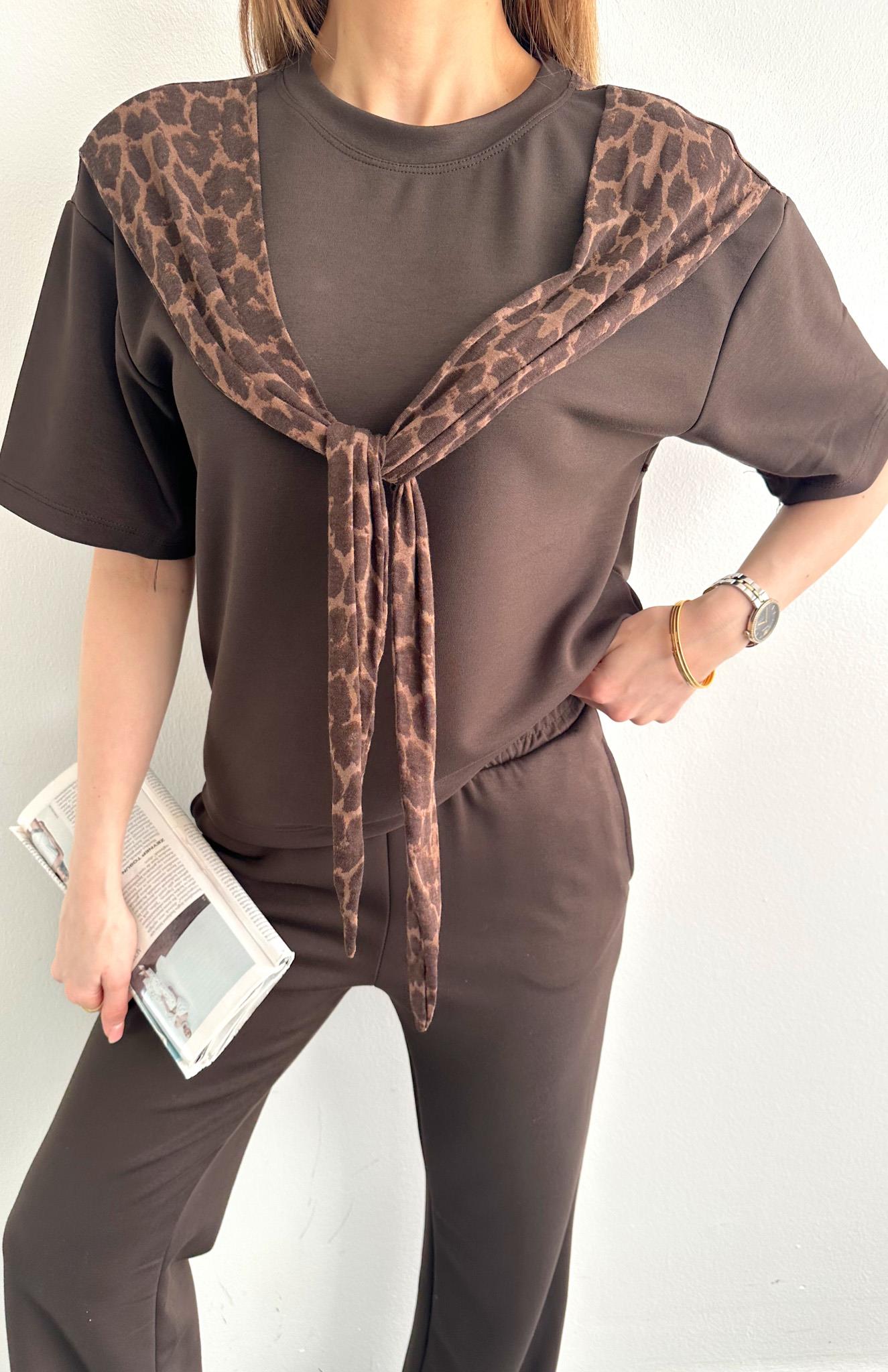 Leopar Detaylı Pantolonlu Takım KAHVERENGİ