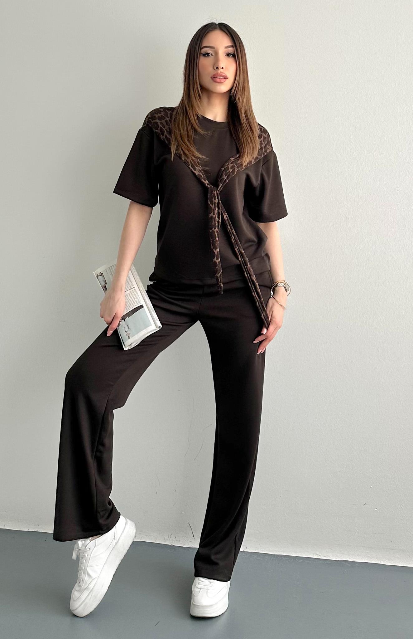 Leopar Detaylı Pantolonlu Takım KAHVERENGİ