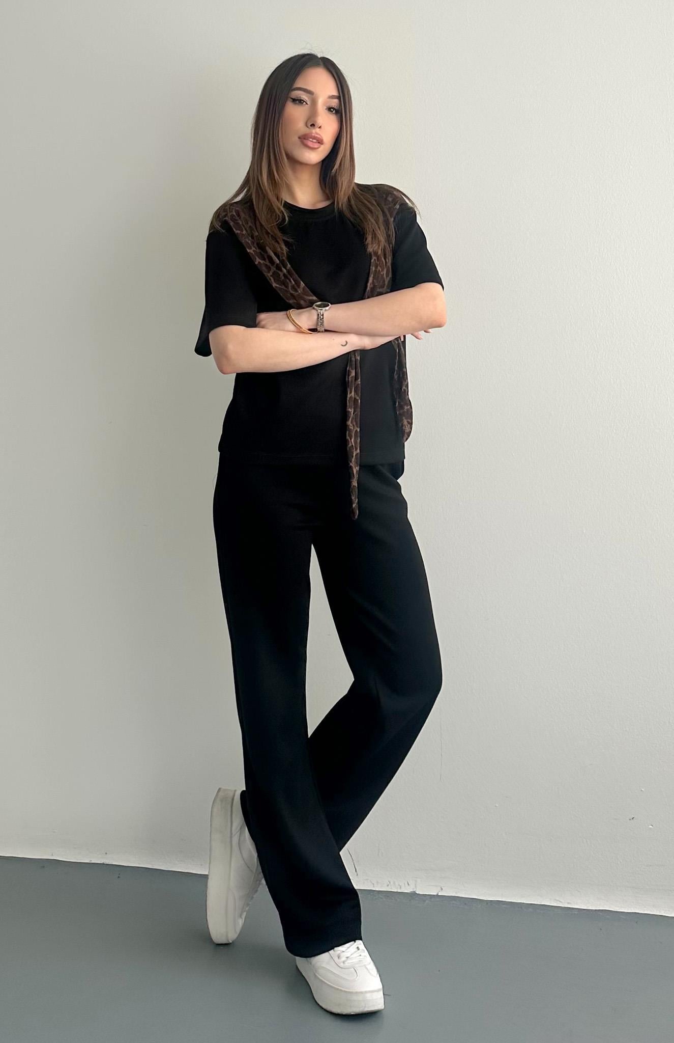 Leopar Detaylı Pantolonlu Takım SİYAH