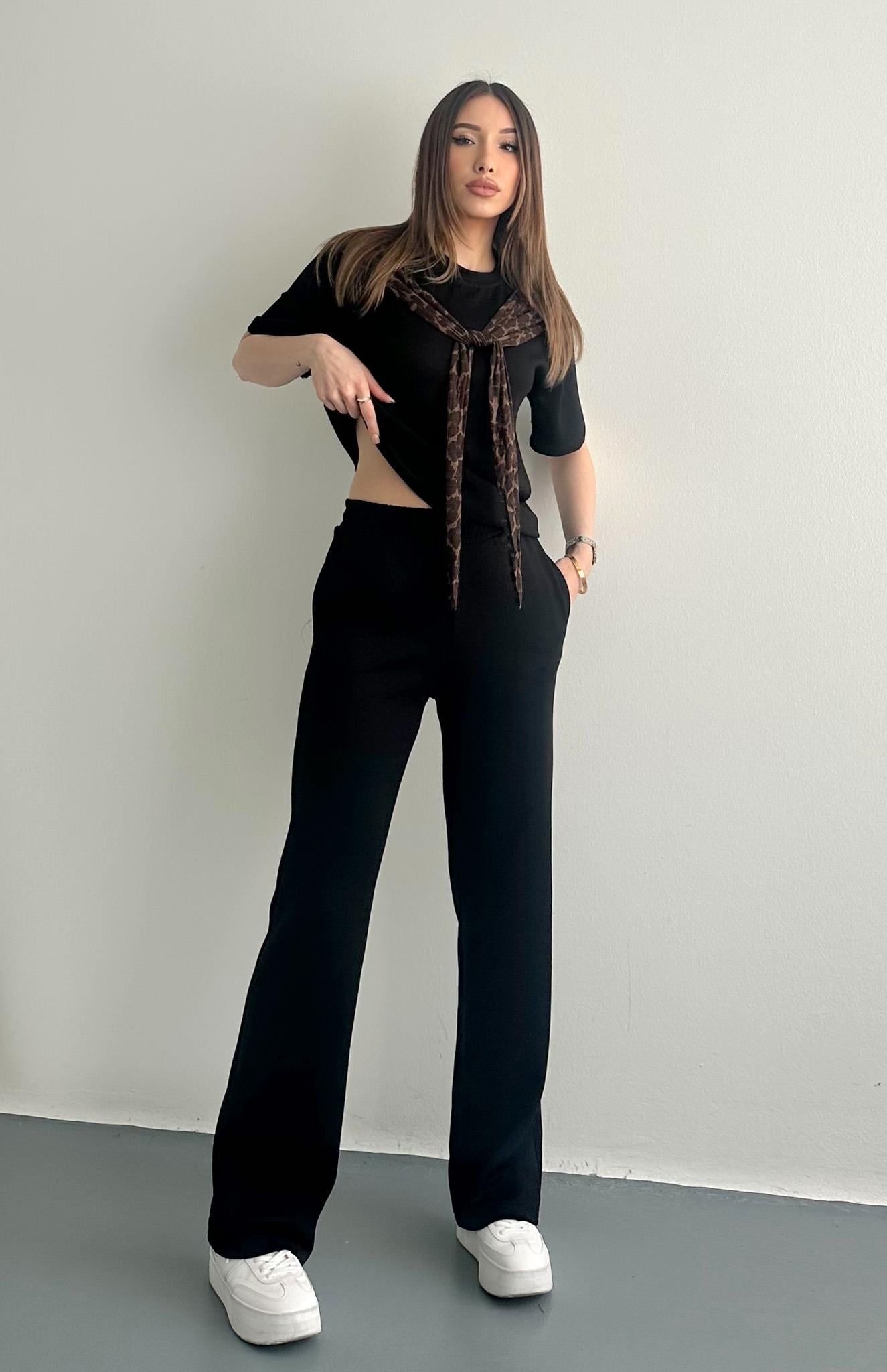 Leopar Detaylı Pantolonlu Takım SİYAH