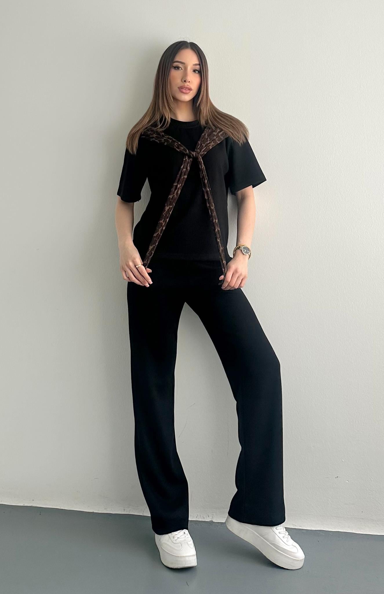 Leopar Detaylı Pantolonlu Takım SİYAH