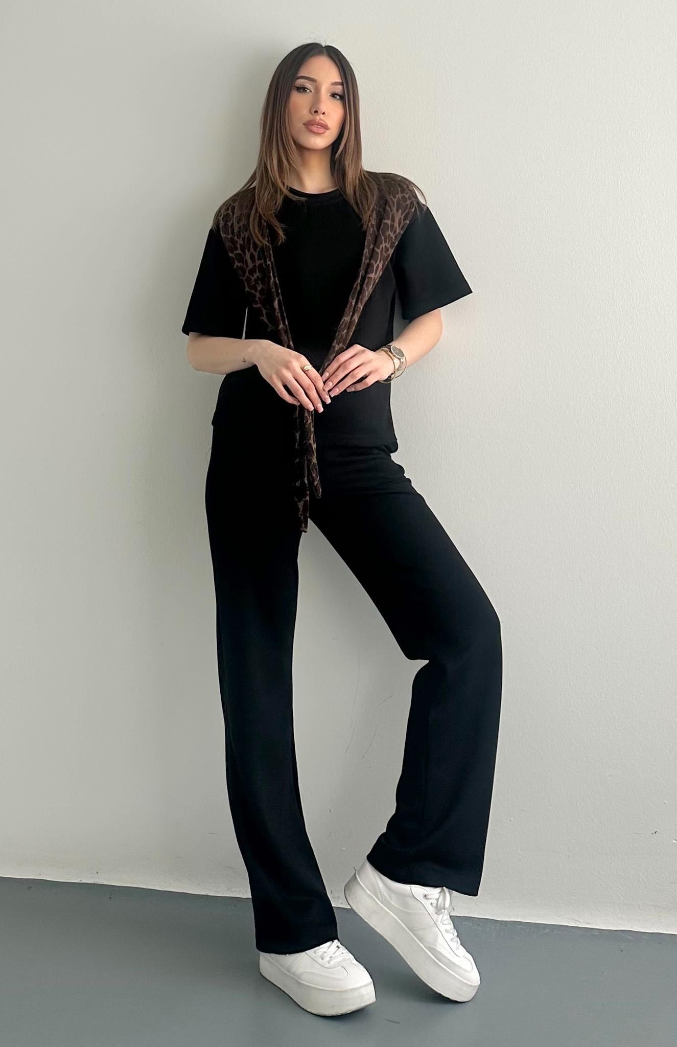 Leopar Detaylı Pantolonlu Takım SİYAH