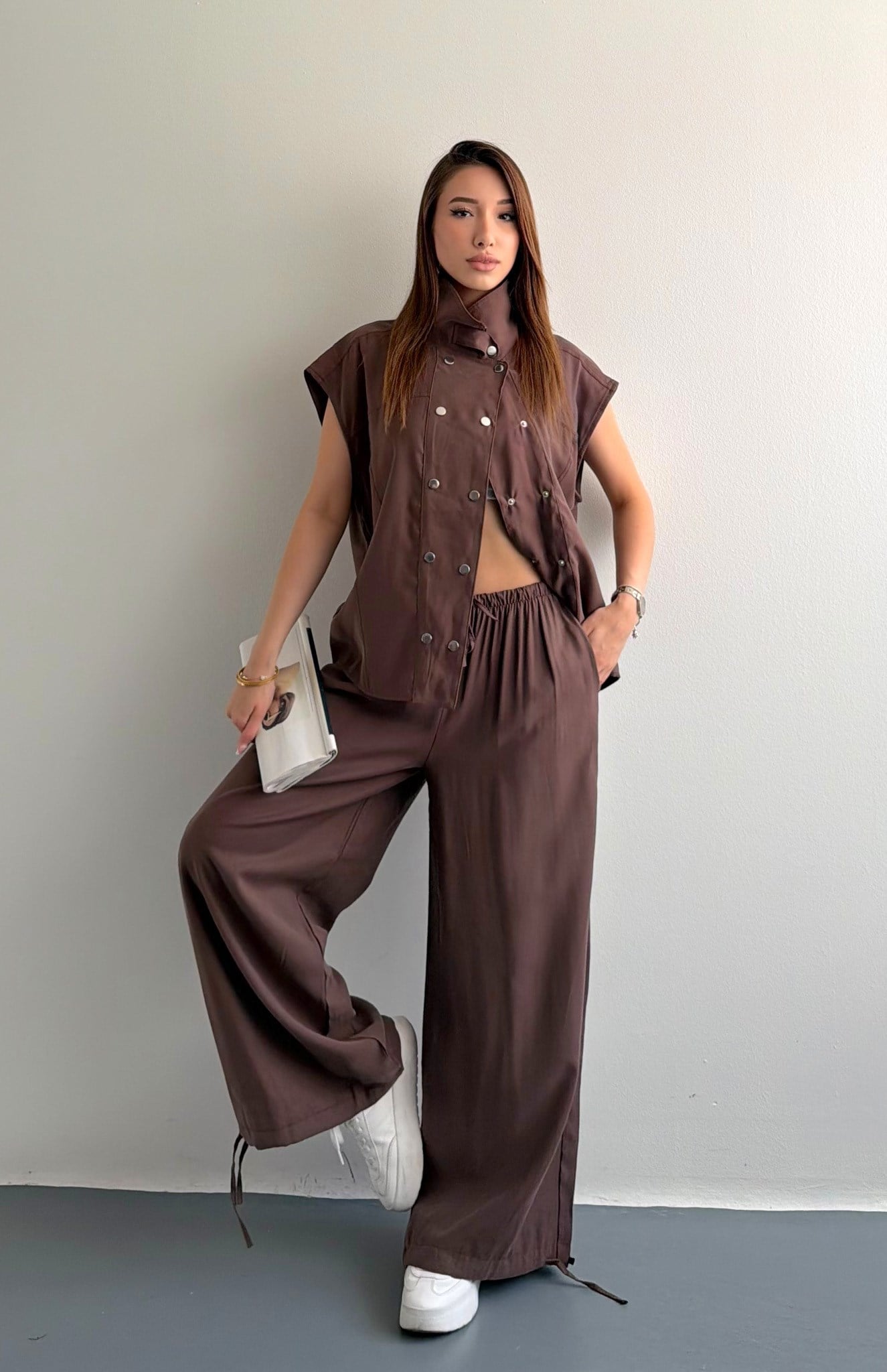 Tencel Çıtçıtlı Takım KAHVERENGİ