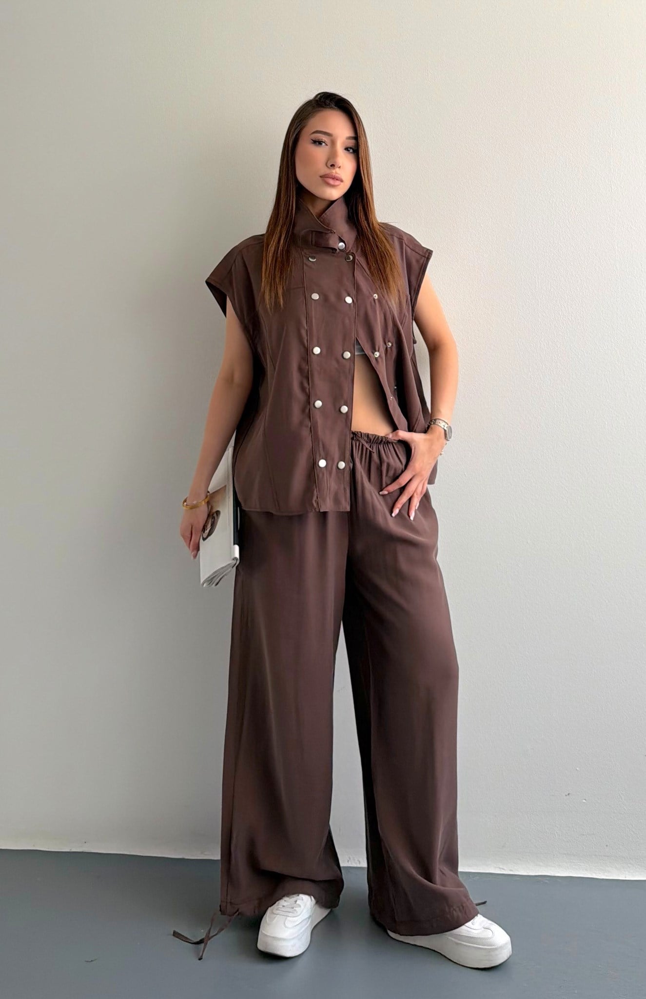 Tencel Çıtçıtlı Takım KAHVERENGİ