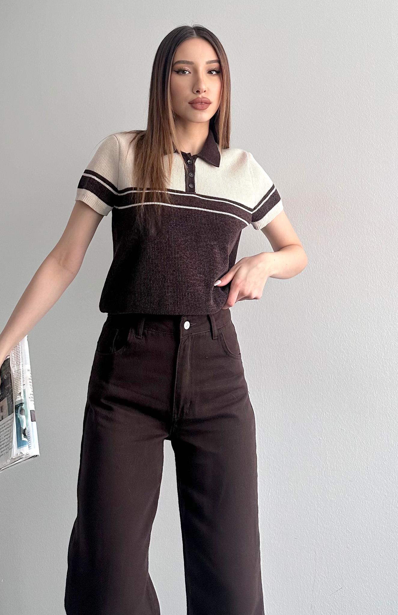 Polo Yaka Çift Renk Kısa Kol Triko Kahve-bej