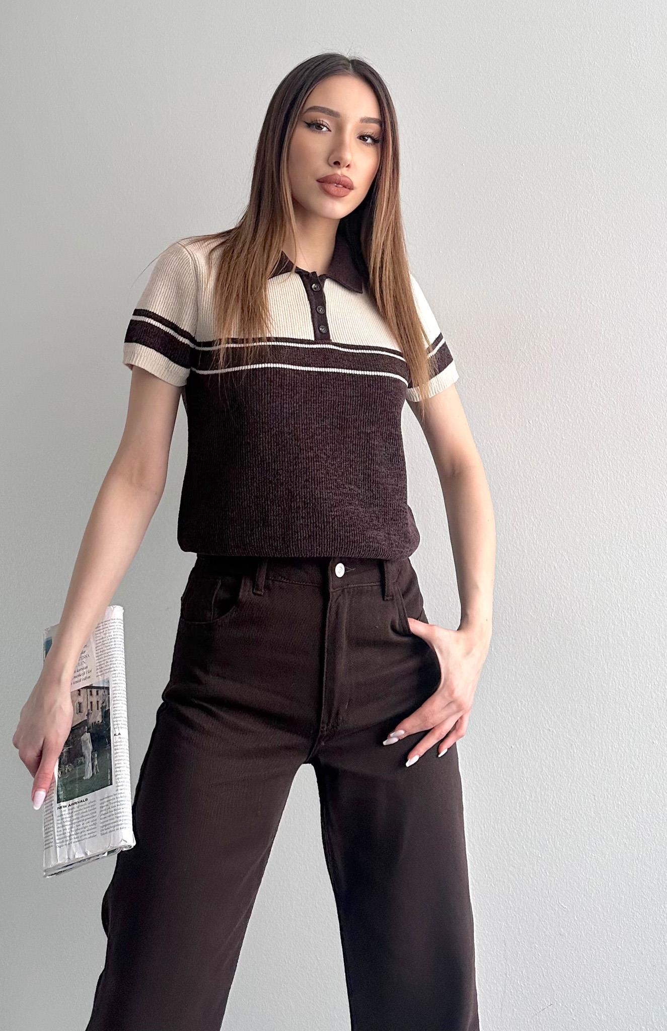 Polo Yaka Çift Renk Kısa Kol Triko Kahve-bej