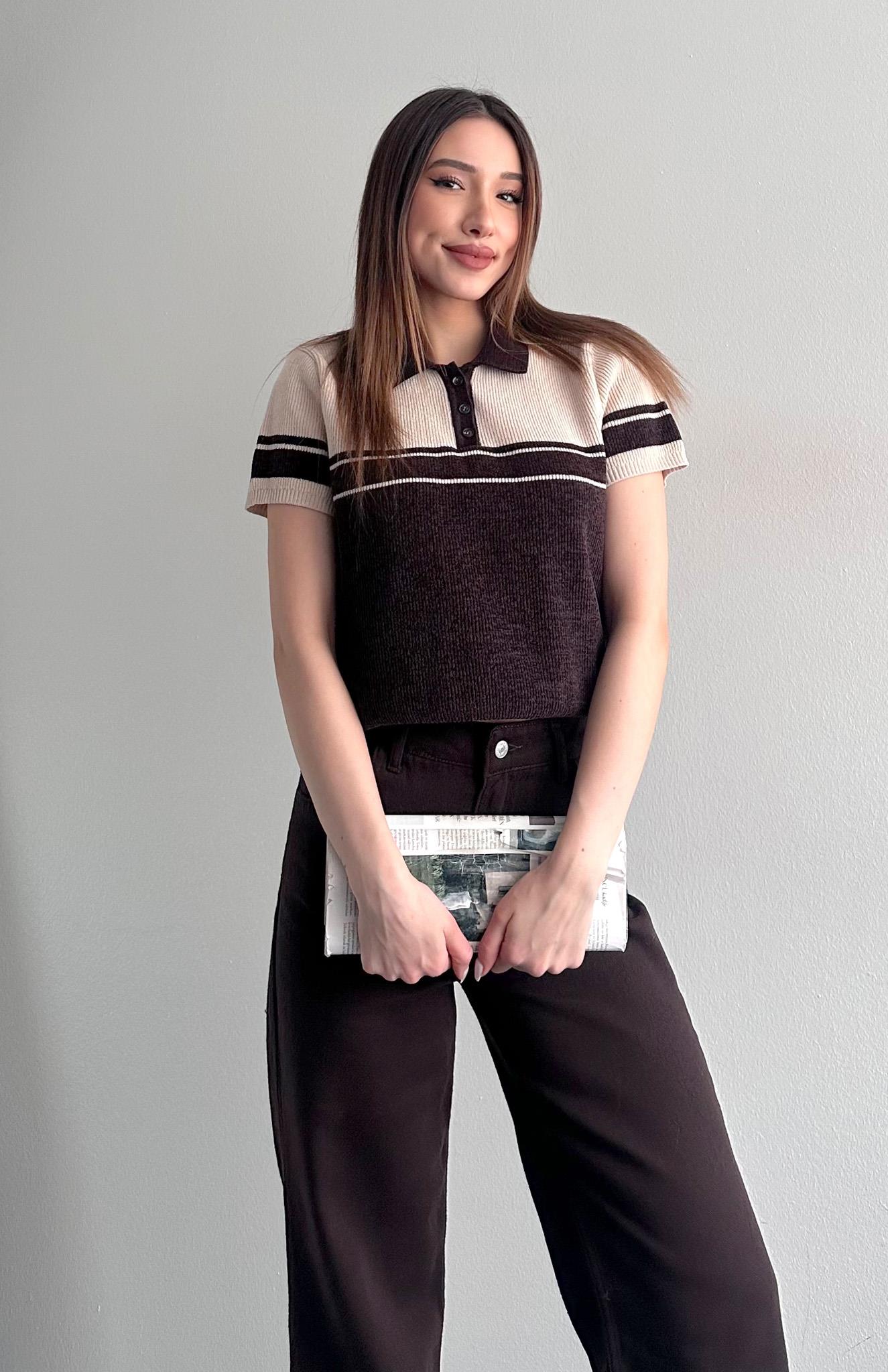 Polo Yaka Çift Renk Kısa Kol Triko Kahve-bej