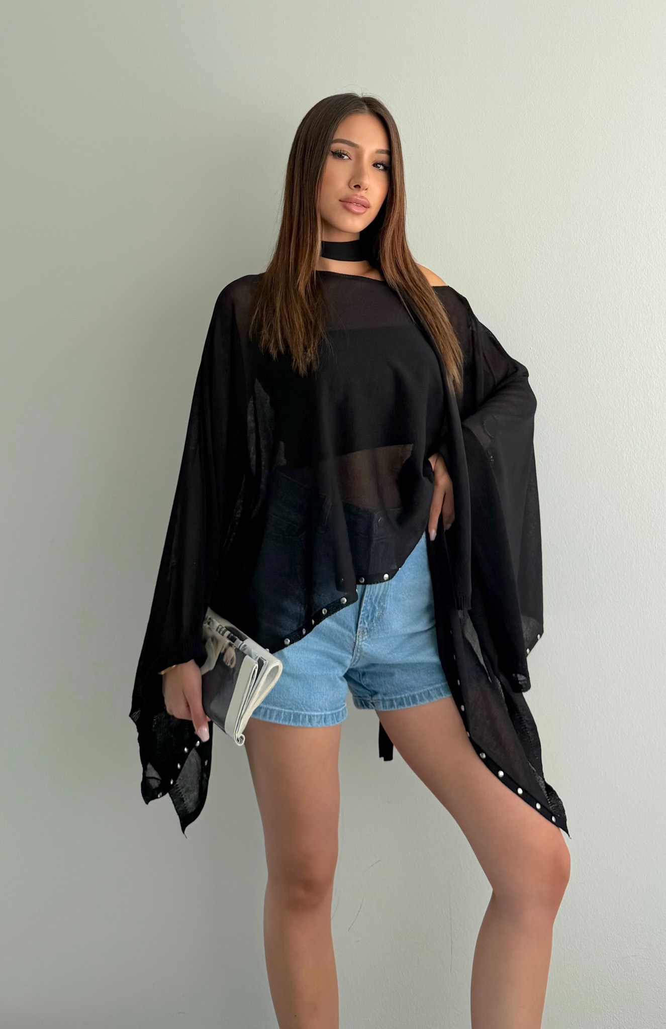 Transparan Triko Pelerin SİYAH