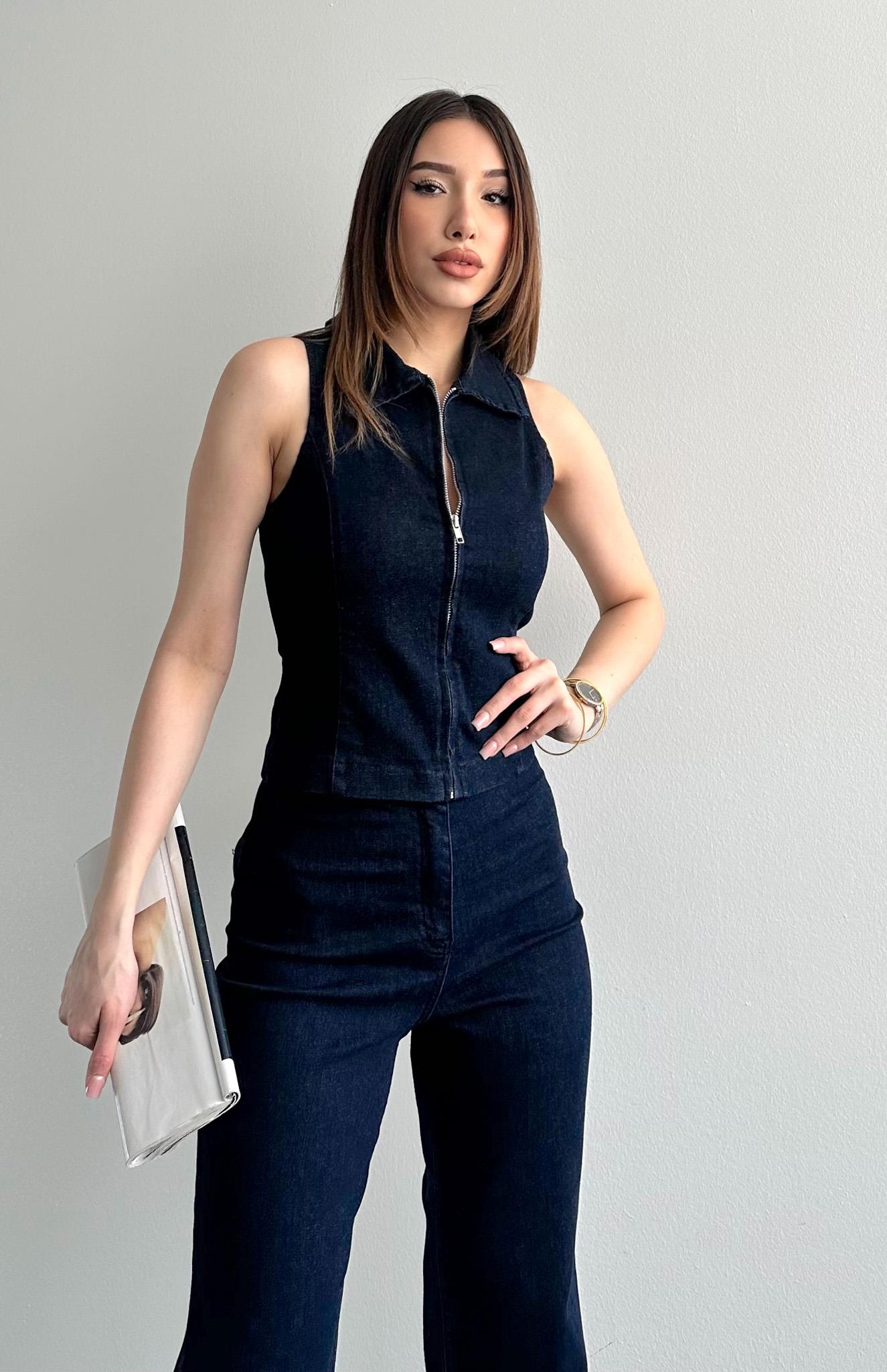 Fermuarlı Denim Yelek LACİVERT