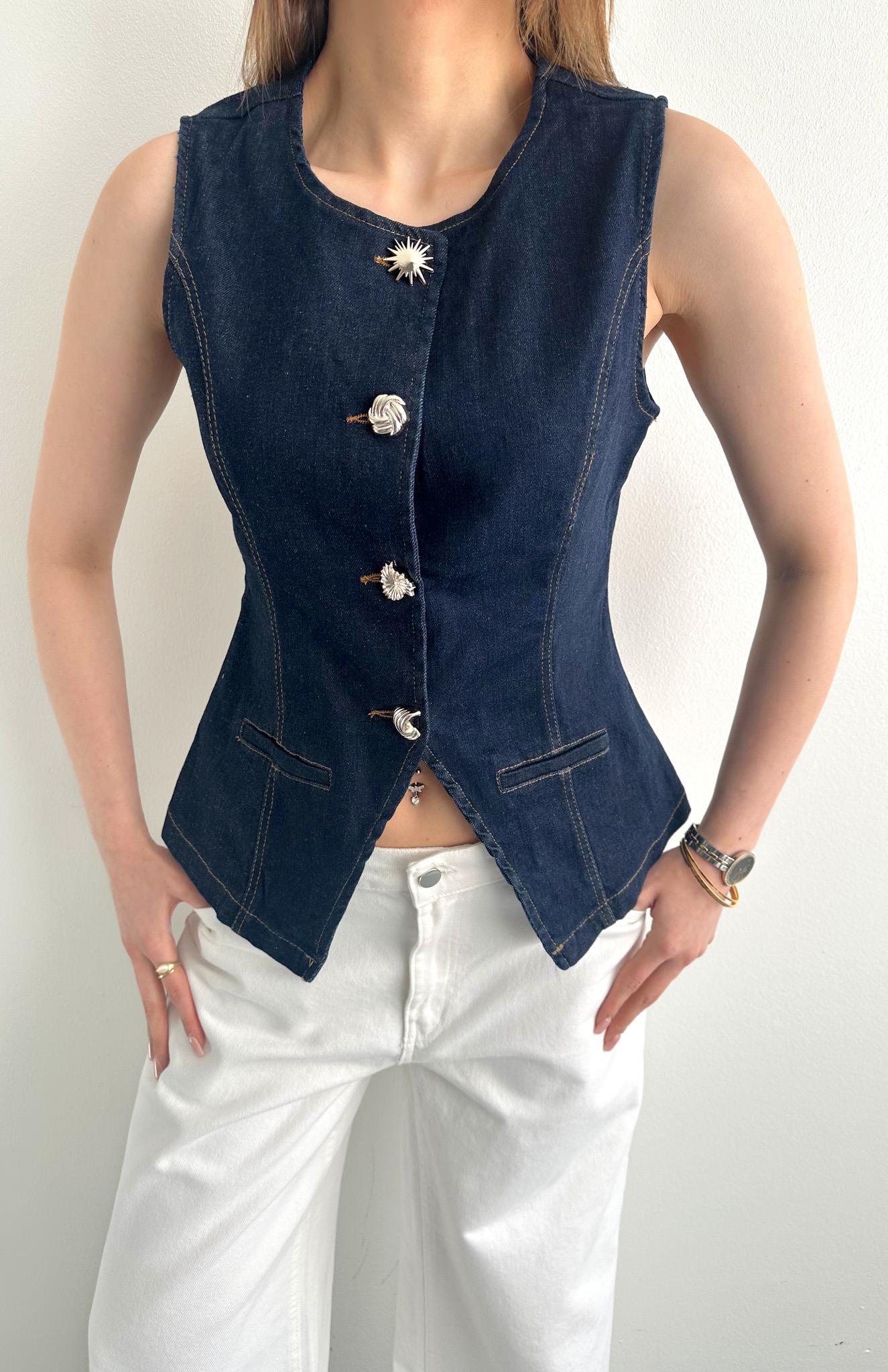 Filotalı Düğmeli Denim Yelek LACİVERT