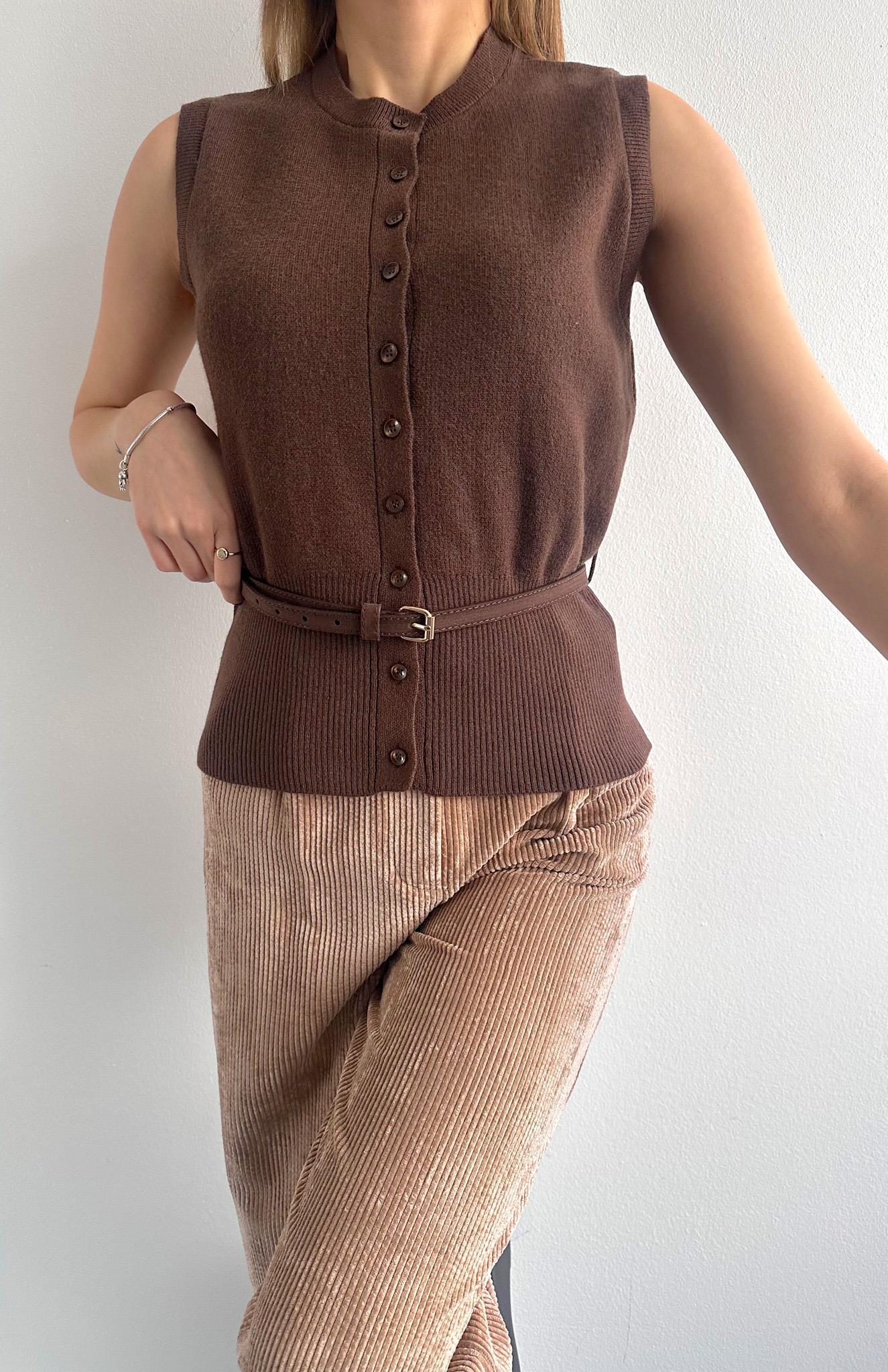 Süet Kemerli Yün Tiftik Yelek KAHVERENGİ