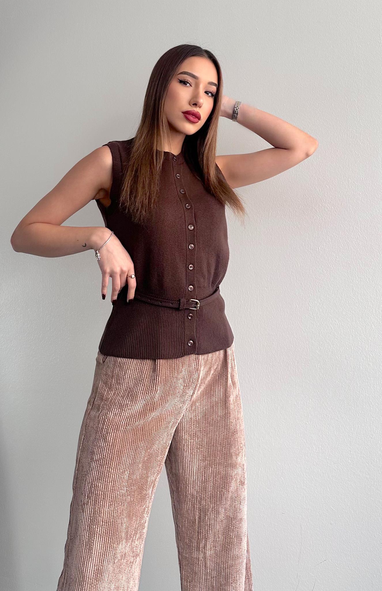 Süet Kemerli Yün Tiftik Yelek KAHVERENGİ