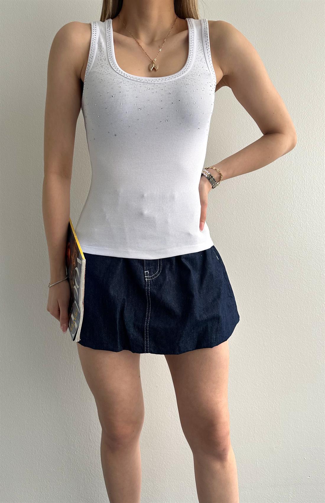 Dağinik Taşlı Atlet BEYAZ