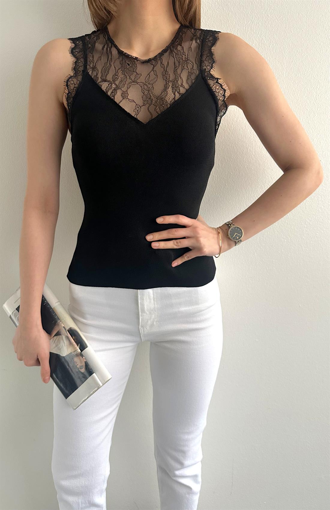 Dantel Detay Triko Atlet SİYAH