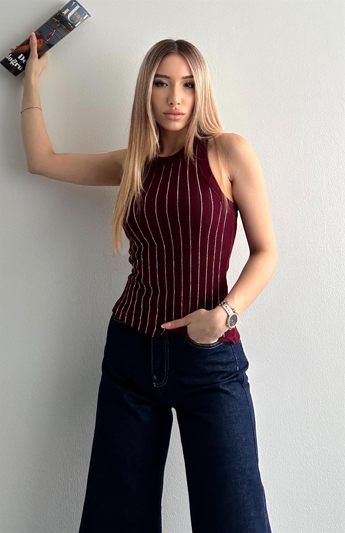 Halter Yaka Taş Baskılı Atlet BORDO