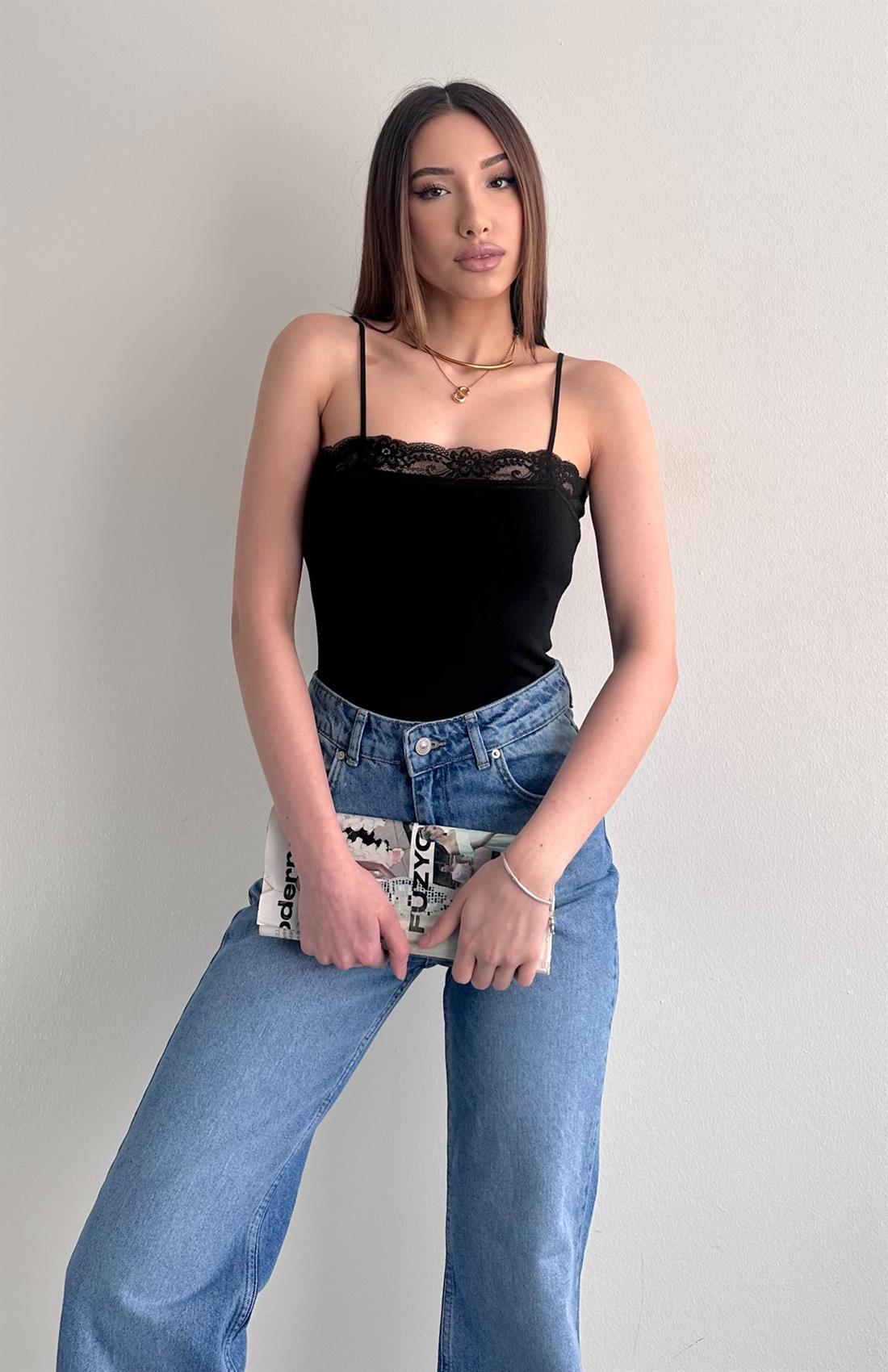 İnce Askılı Dantel Triko Atlet SİYAH