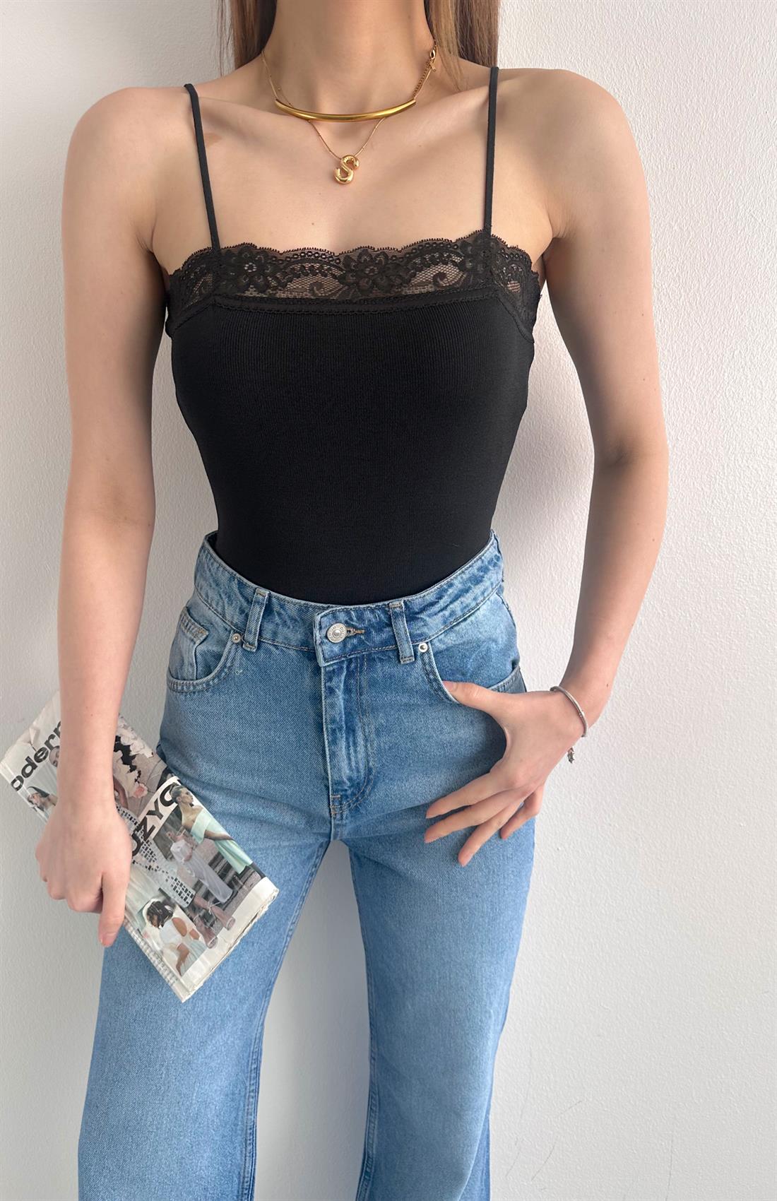 İnce Askılı Dantel Triko Atlet SİYAH