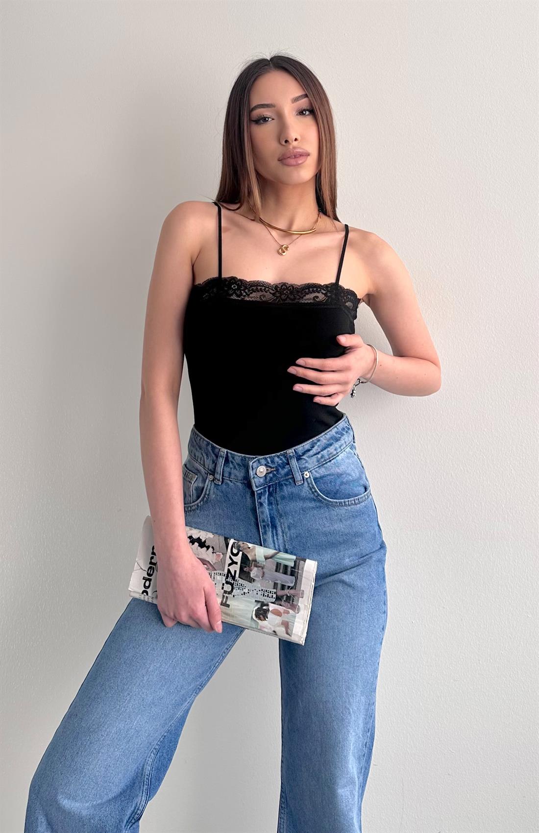 İnce Askılı Dantel Triko Atlet SİYAH