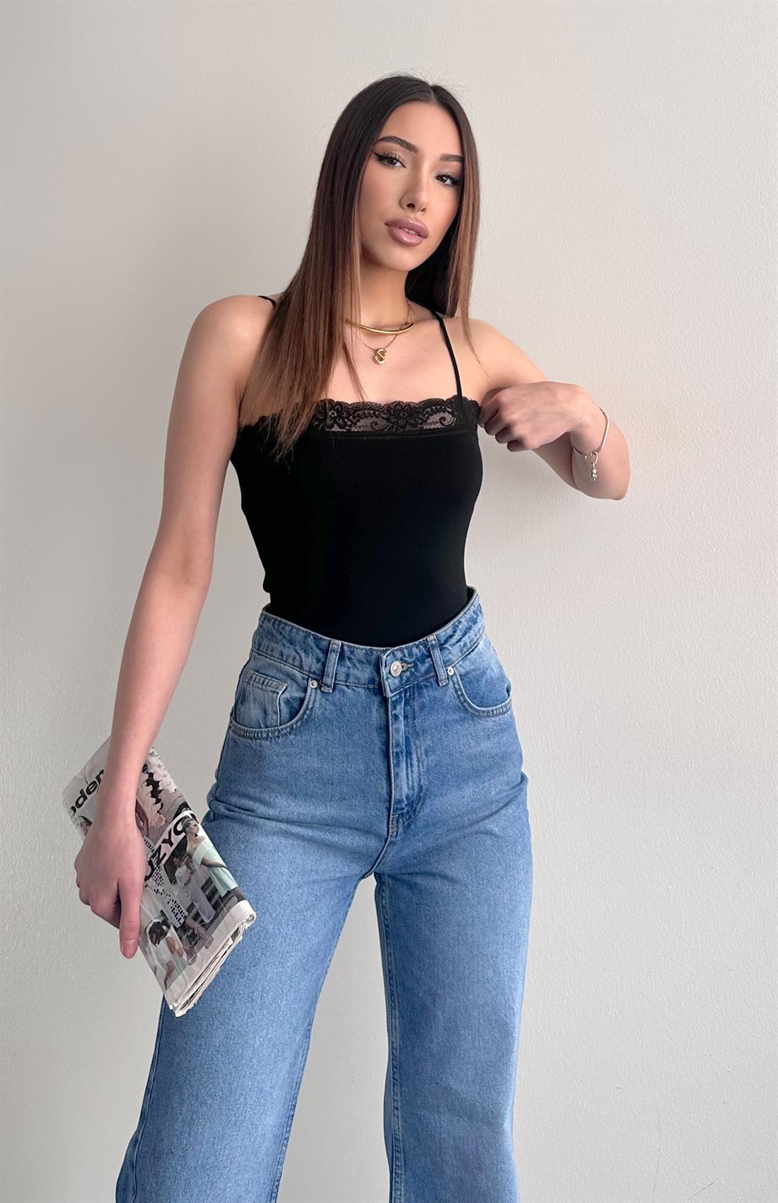 İnce Askılı Dantel Triko Atlet SİYAH