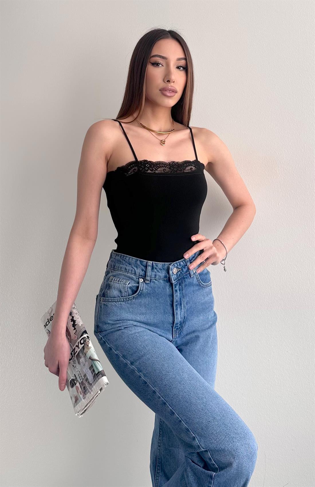 İnce Askılı Dantel Triko Atlet SİYAH