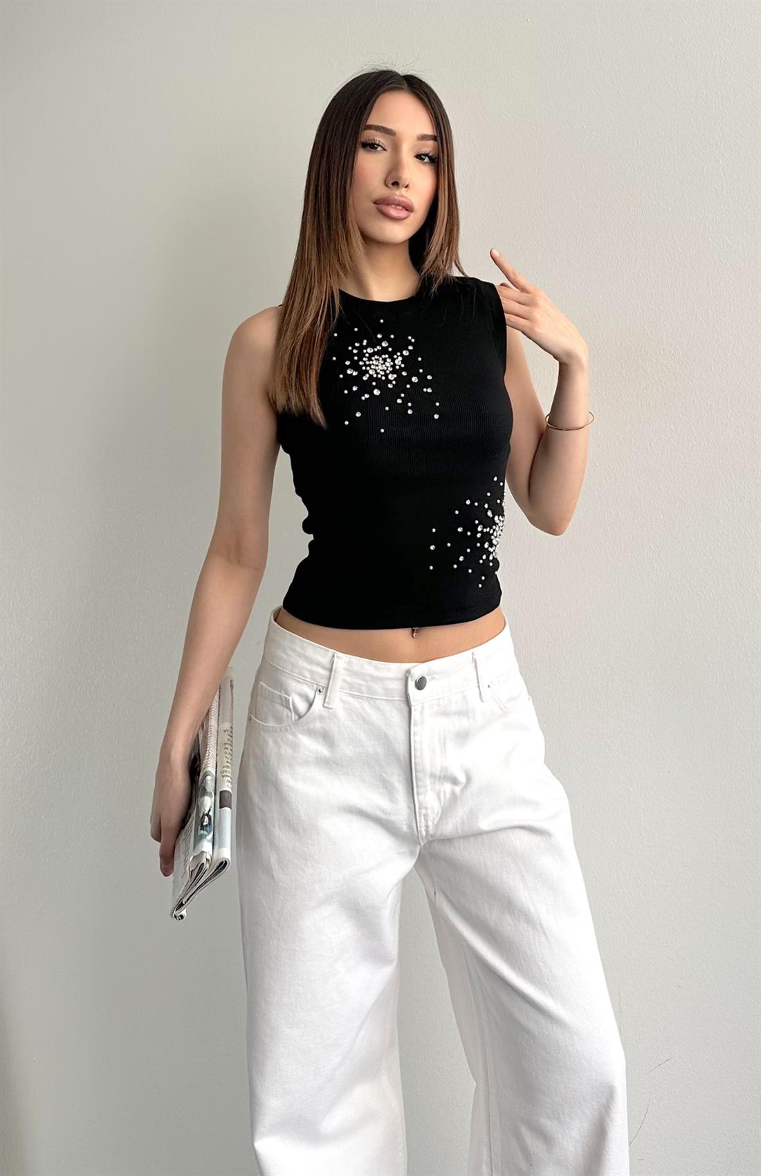 Önü Taşlı Atlet SİYAH