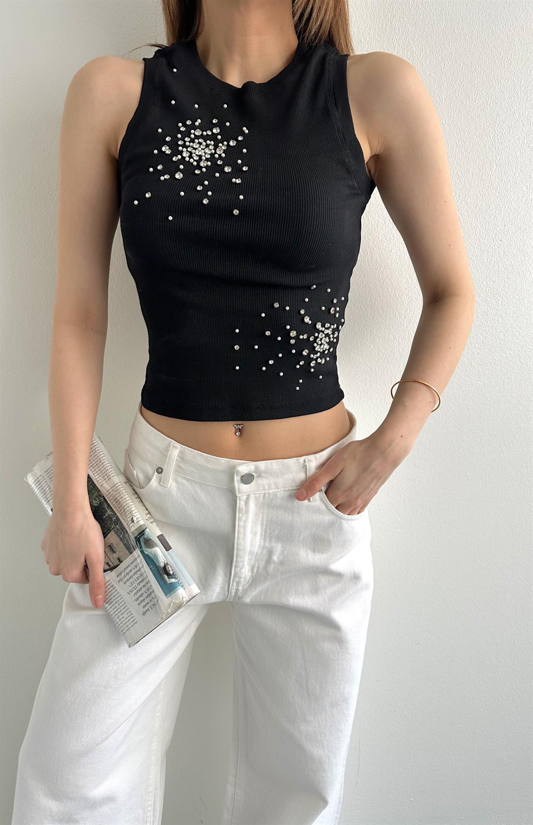 Önü Taşlı Atlet SİYAH