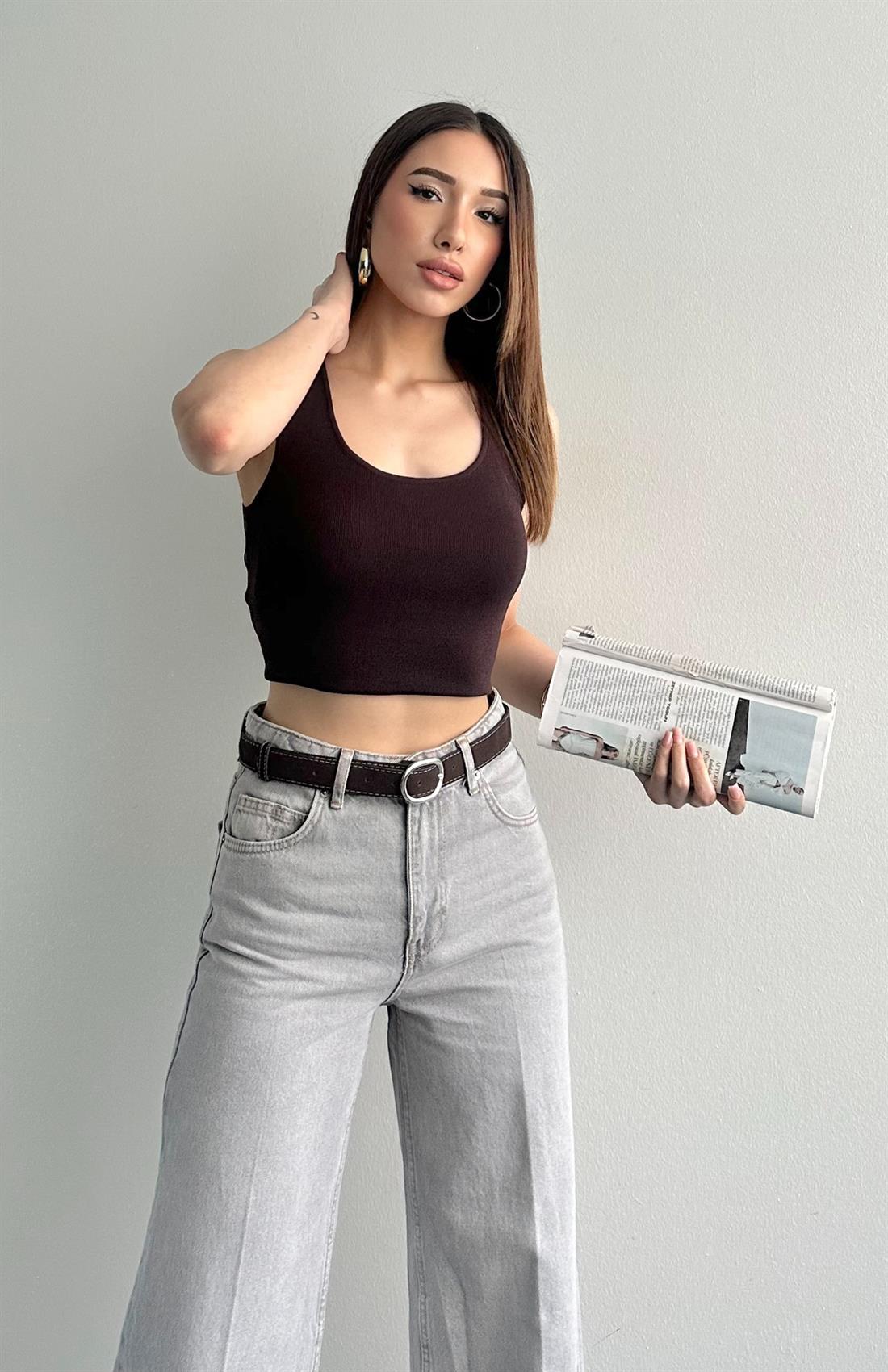 Oval Yaka Elitli Lubin Triko Atlet KAHVERENGİ