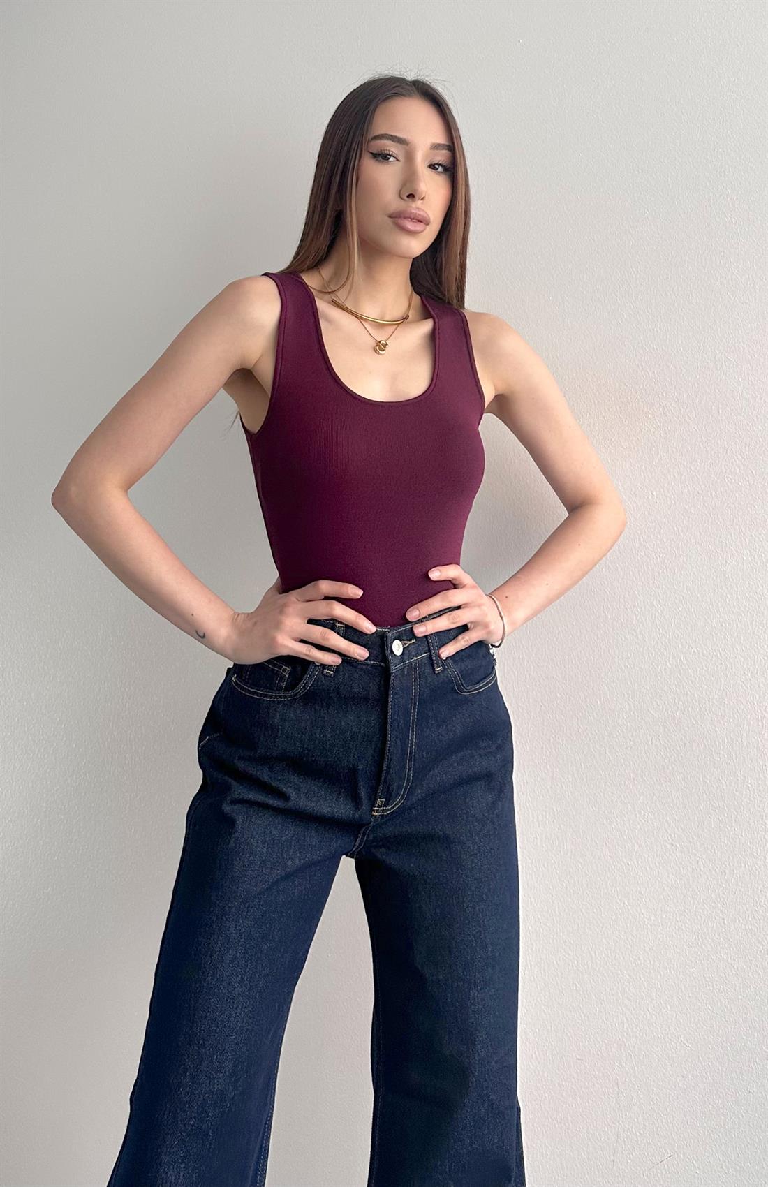 Oval Yaka Elitli Lubin Triko Atlet BORDO