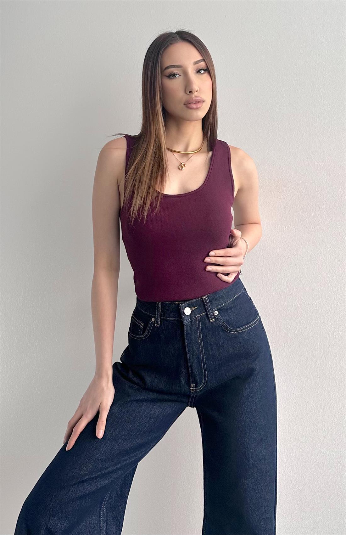 Oval Yaka Elitli Lubin Triko Atlet BORDO