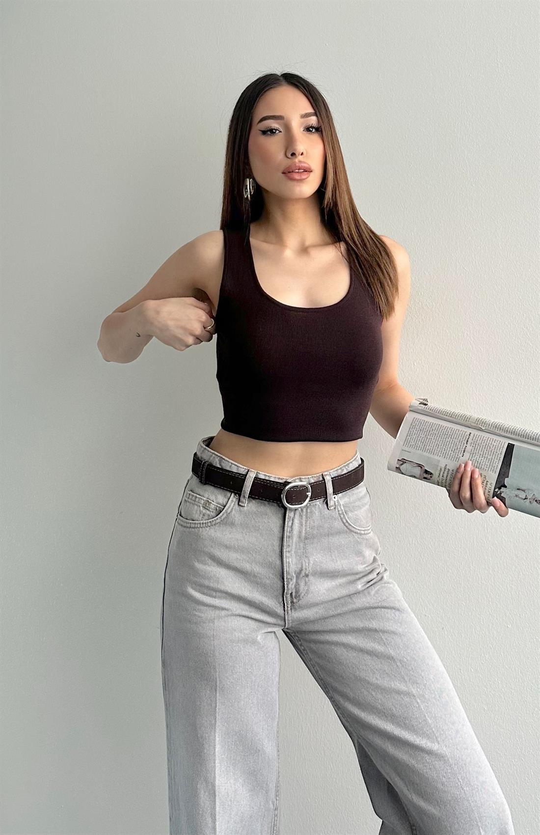 Oval Yaka Elitli Lubin Triko Atlet KAHVERENGİ