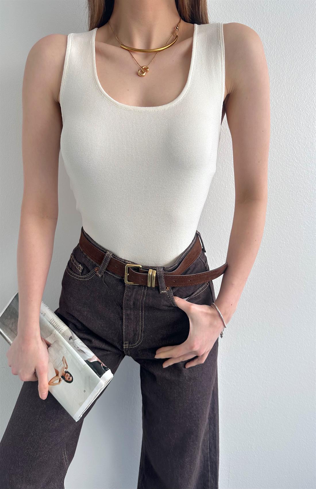 Oval Yaka Elitli Lubin Triko Atlet EKRU